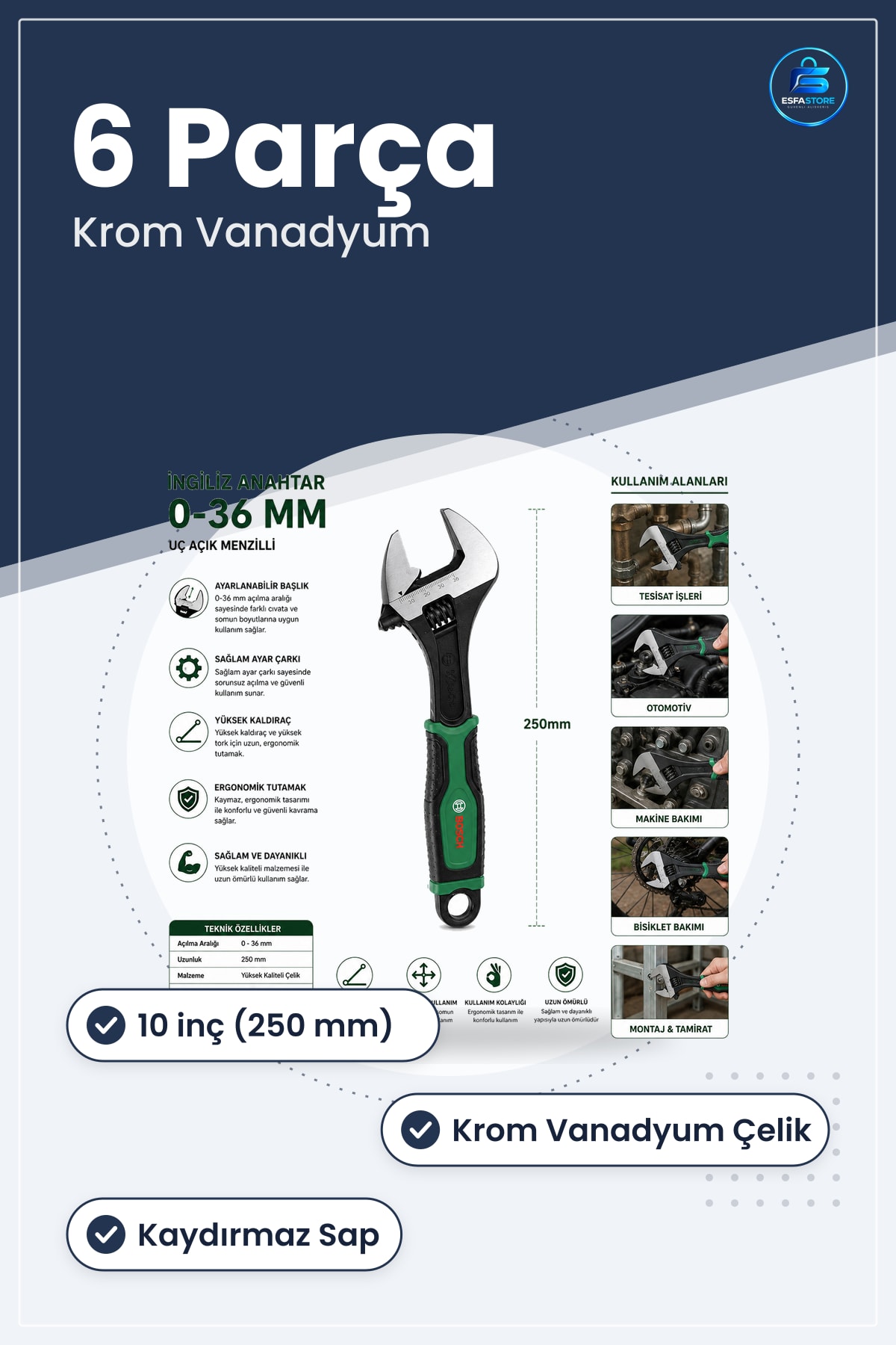 İngiliz Anahtar ve Kurbağacık 10 inç 250 mm 6 Parça Set Krom Vanadyum Çelik Ayarlanabilir Hırdavat