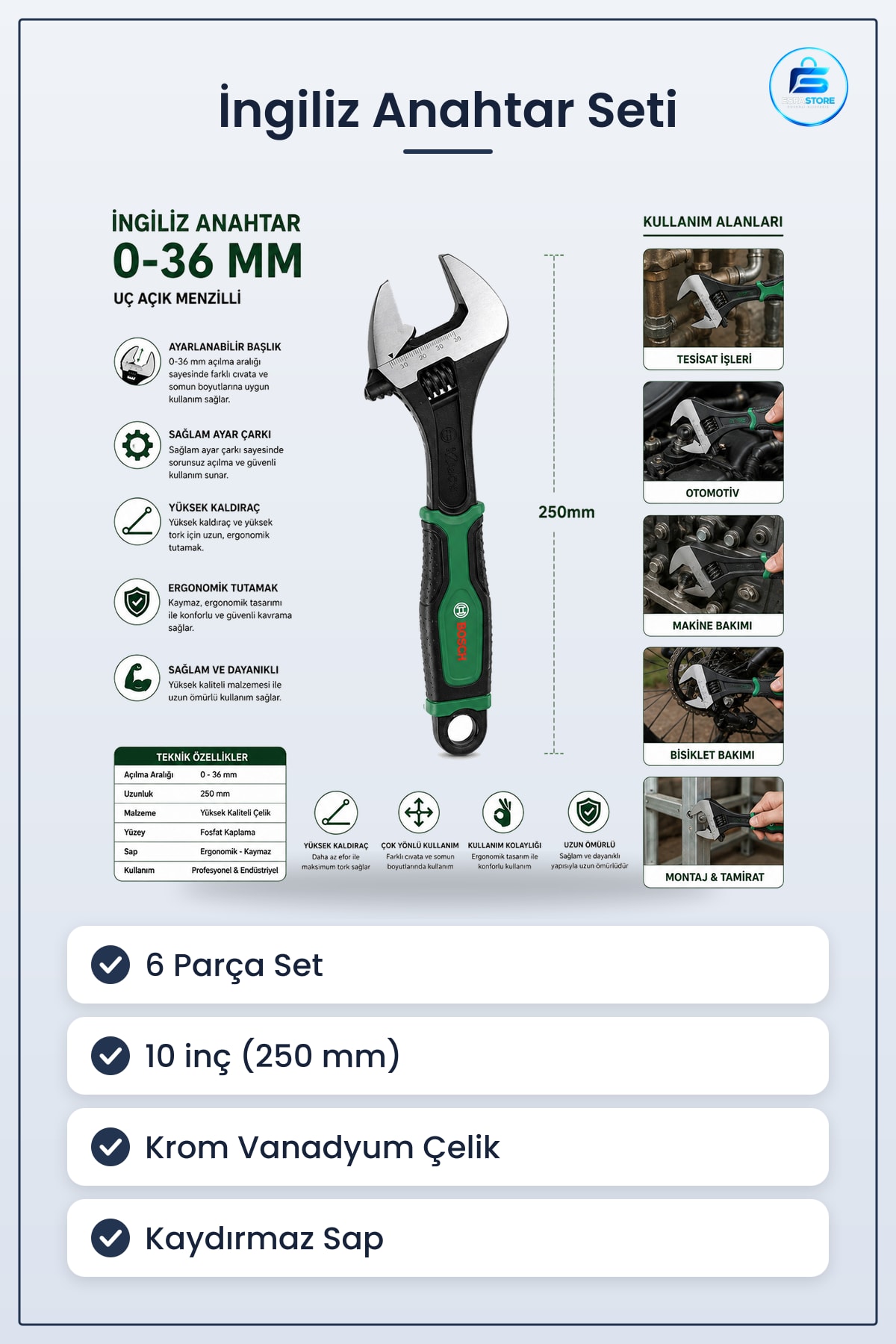 İngiliz Anahtar ve Kurbağacık 10 inç 250 mm 6 Parça Set Krom Vanadyum Çelik Ayarlanabilir Hırdavat