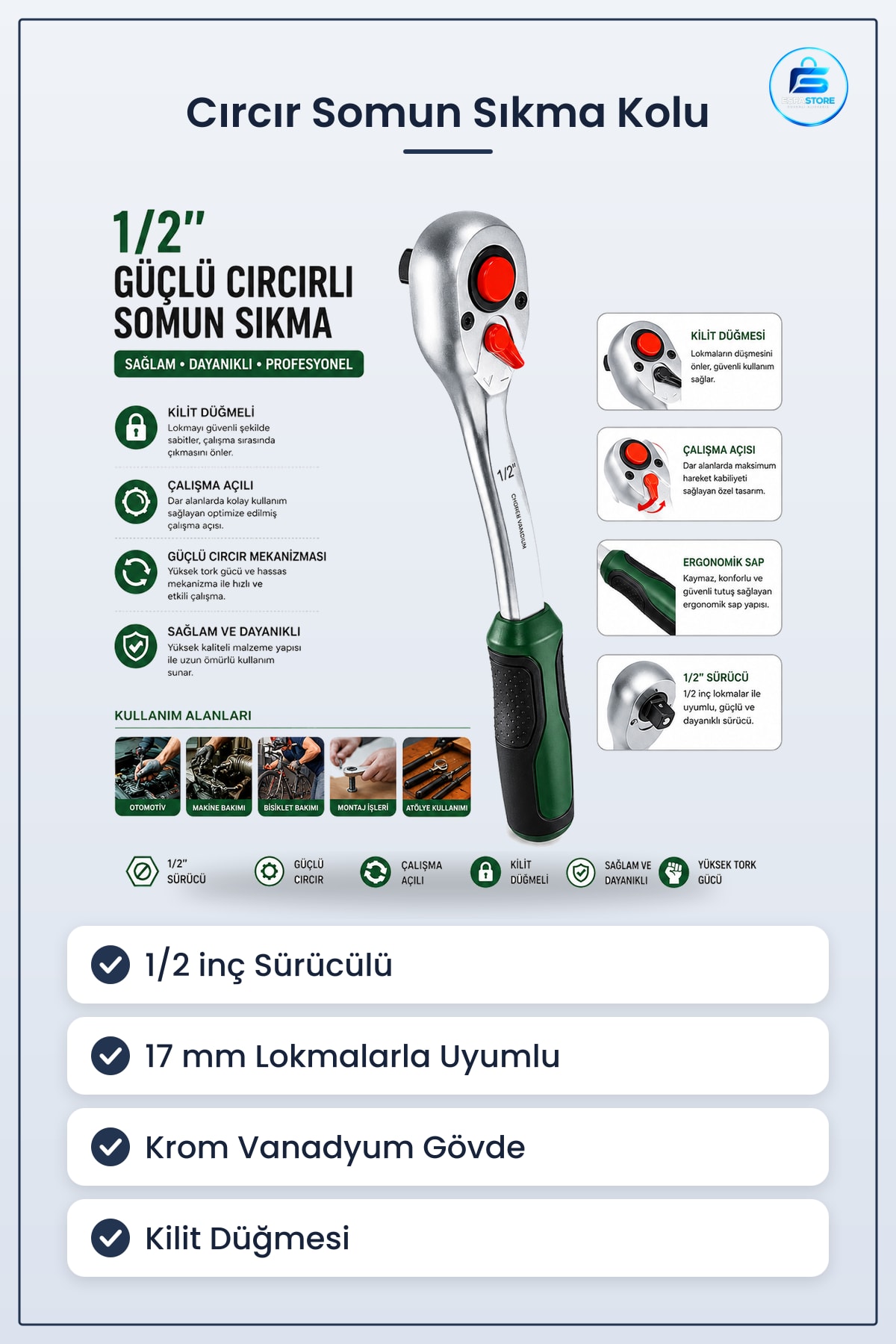 1/2 inç Cırcır Somun Sıkma Kolu 17 mm Krom Vanadyum Kaymaç Sap Oto Bakım Atölye Ev Tamir