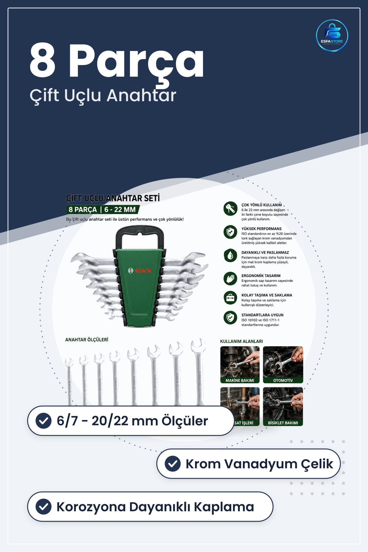 Açık Anahtar Seti 8 Parça Çift Uçlu ile /22 mm Krom Vanadyum Kaplı Tamir Otomotiv Montaj Tutucu Sap