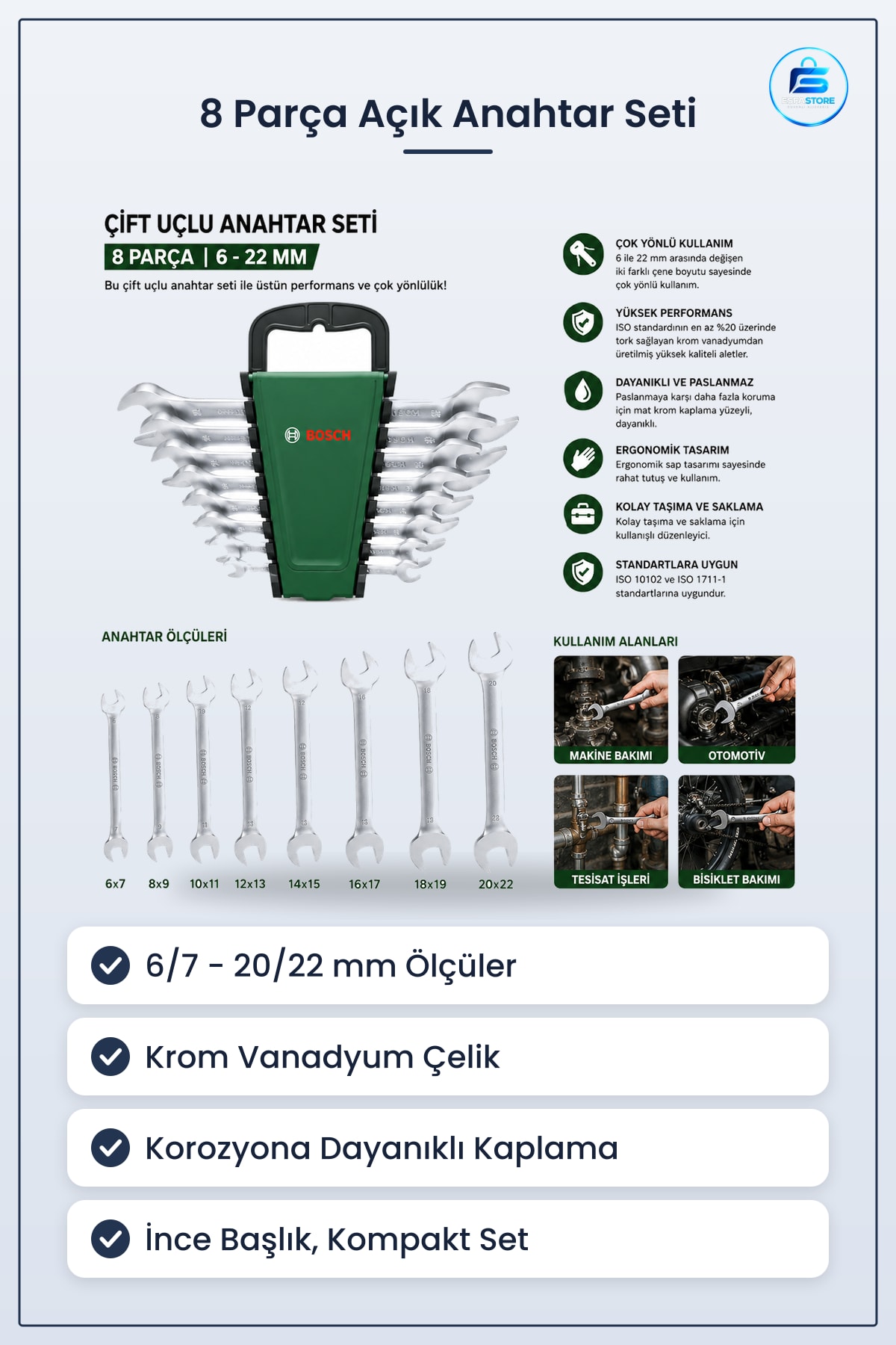 Açık Anahtar Seti 8 Parça Çift Uçlu ile /22 mm Krom Vanadyum Kaplı Tamir Otomotiv Montaj Tutucu Sap