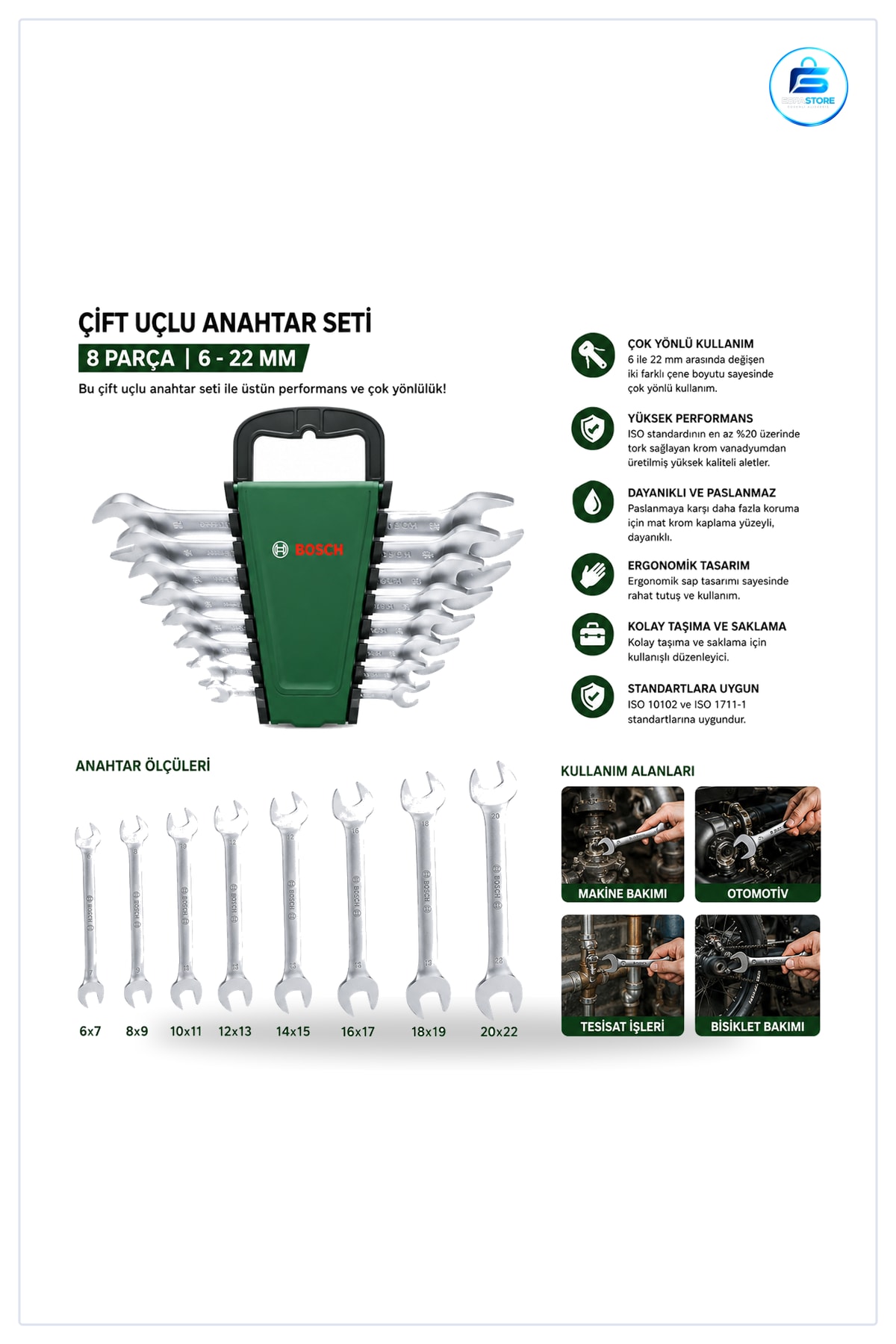 Açık Anahtar Seti 8 Parça Çift Uçlu ile /22 mm Krom Vanadyum Kaplı Tamir Otomotiv Montaj Tutucu Sap
