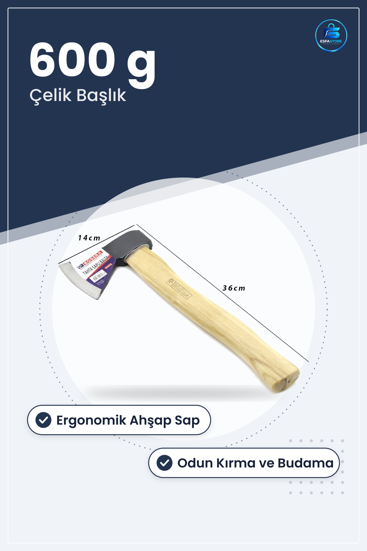Ahşap Saplı Balta 600 g Çelik Başlık Kamp Bahçe Odun Kırma Budama Açık Hava Aracı Ev