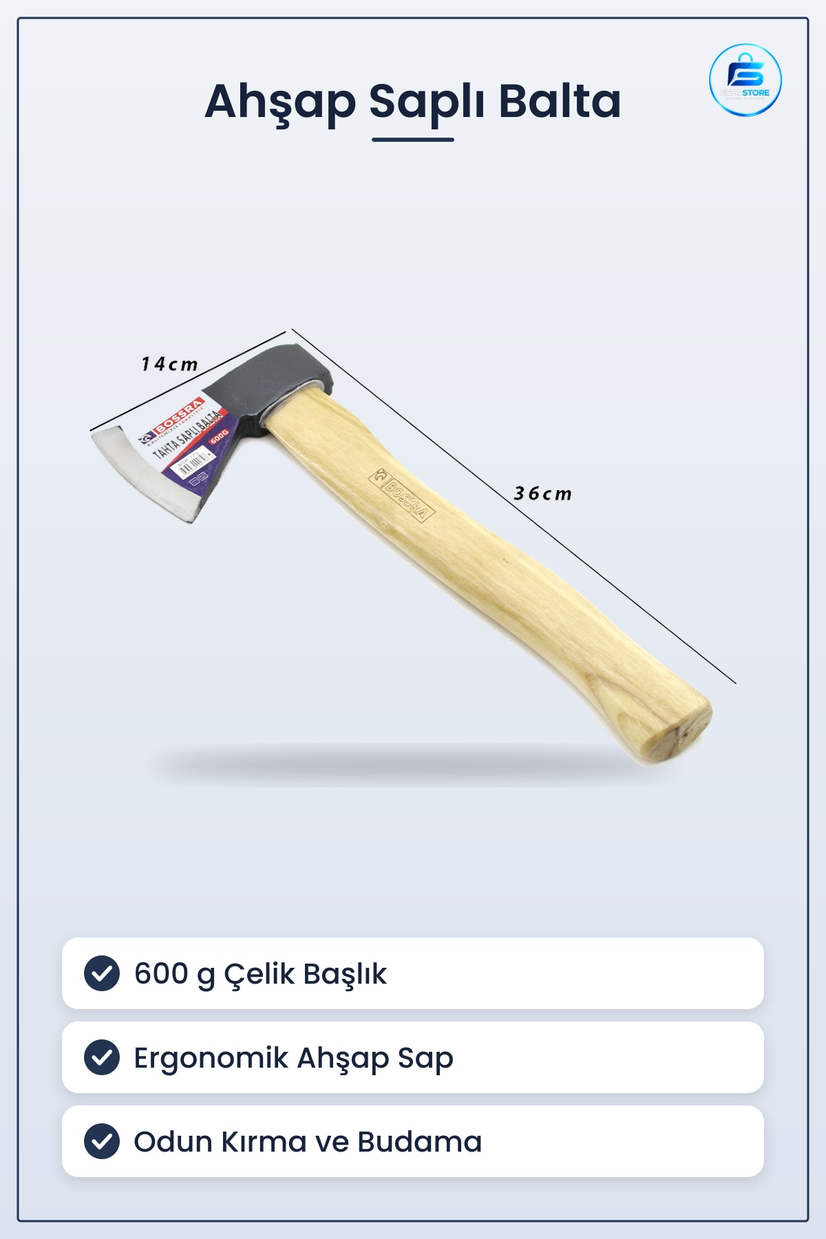 Ahşap Saplı Balta 600 g Çelik Başlık Kamp Bahçe Odun Kırma Budama Açık Hava Aracı Ev