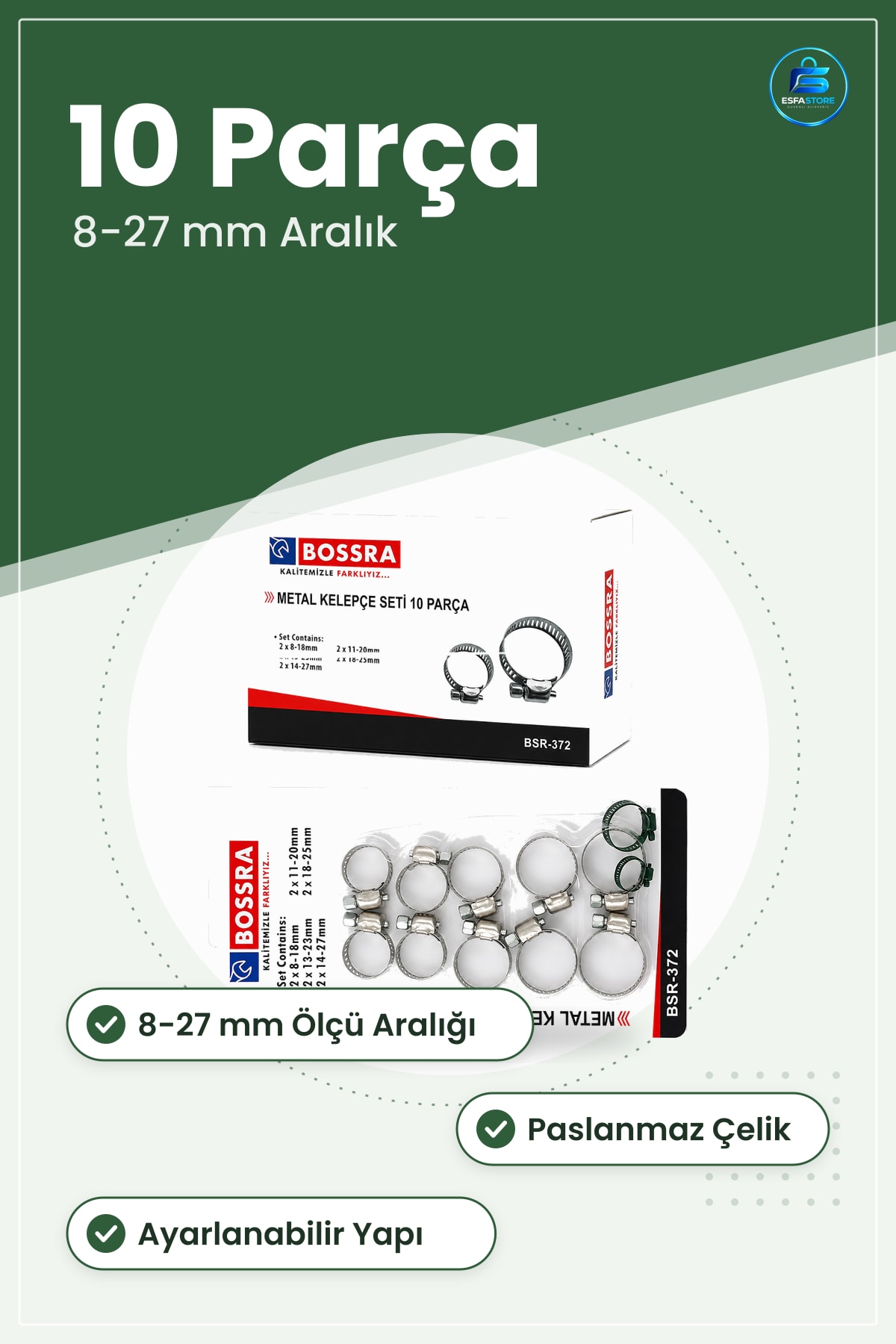 Metal Hortum Kelepçesi Seti 10 Parça 8-27 mm Paslanmaz Çelik Ayarlanabilir Bahçe Bağlantı Tesisat