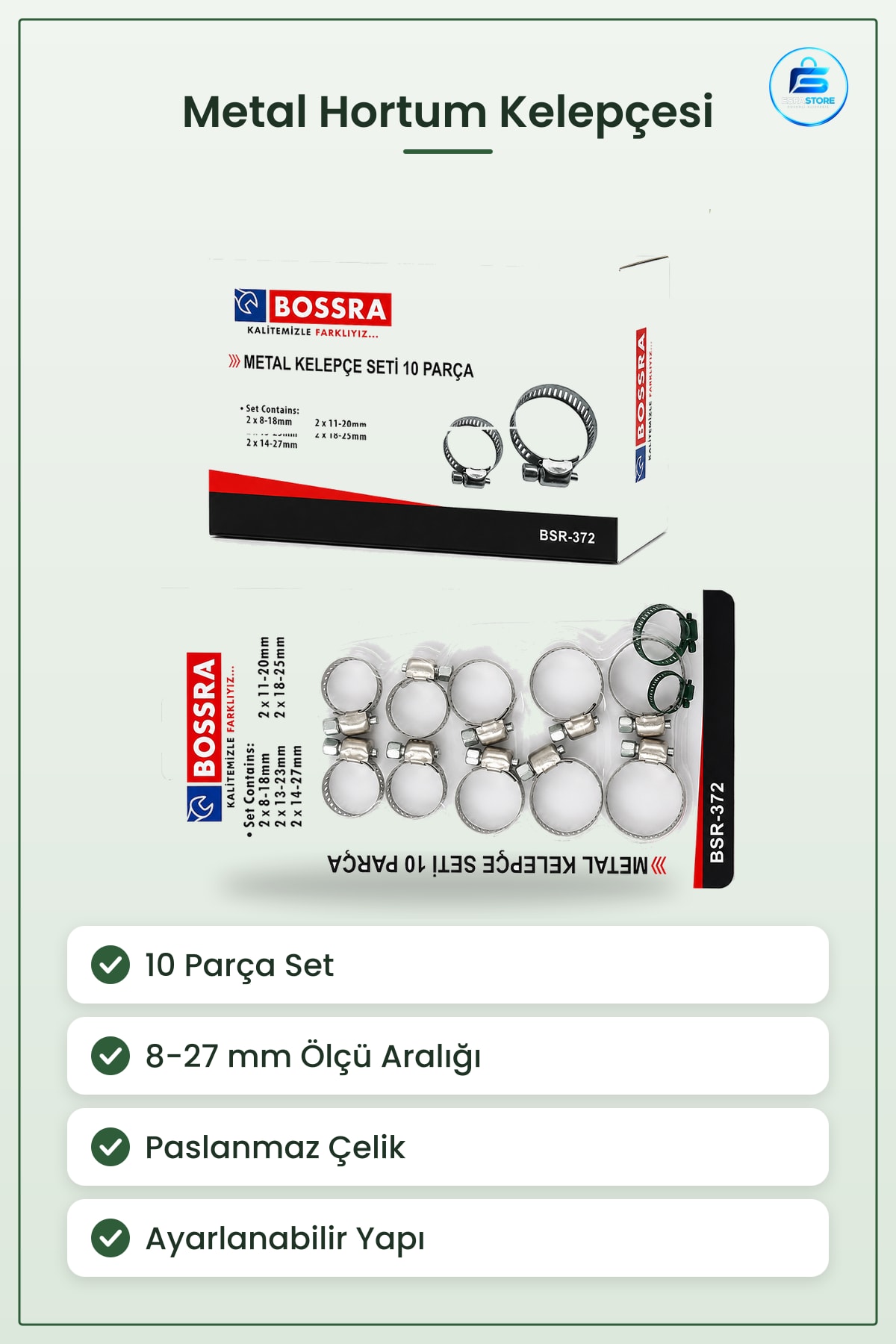 Metal Hortum Kelepçesi Seti 10 Parça 8-27 mm Paslanmaz Çelik Ayarlanabilir Bahçe Bağlantı Tesisat