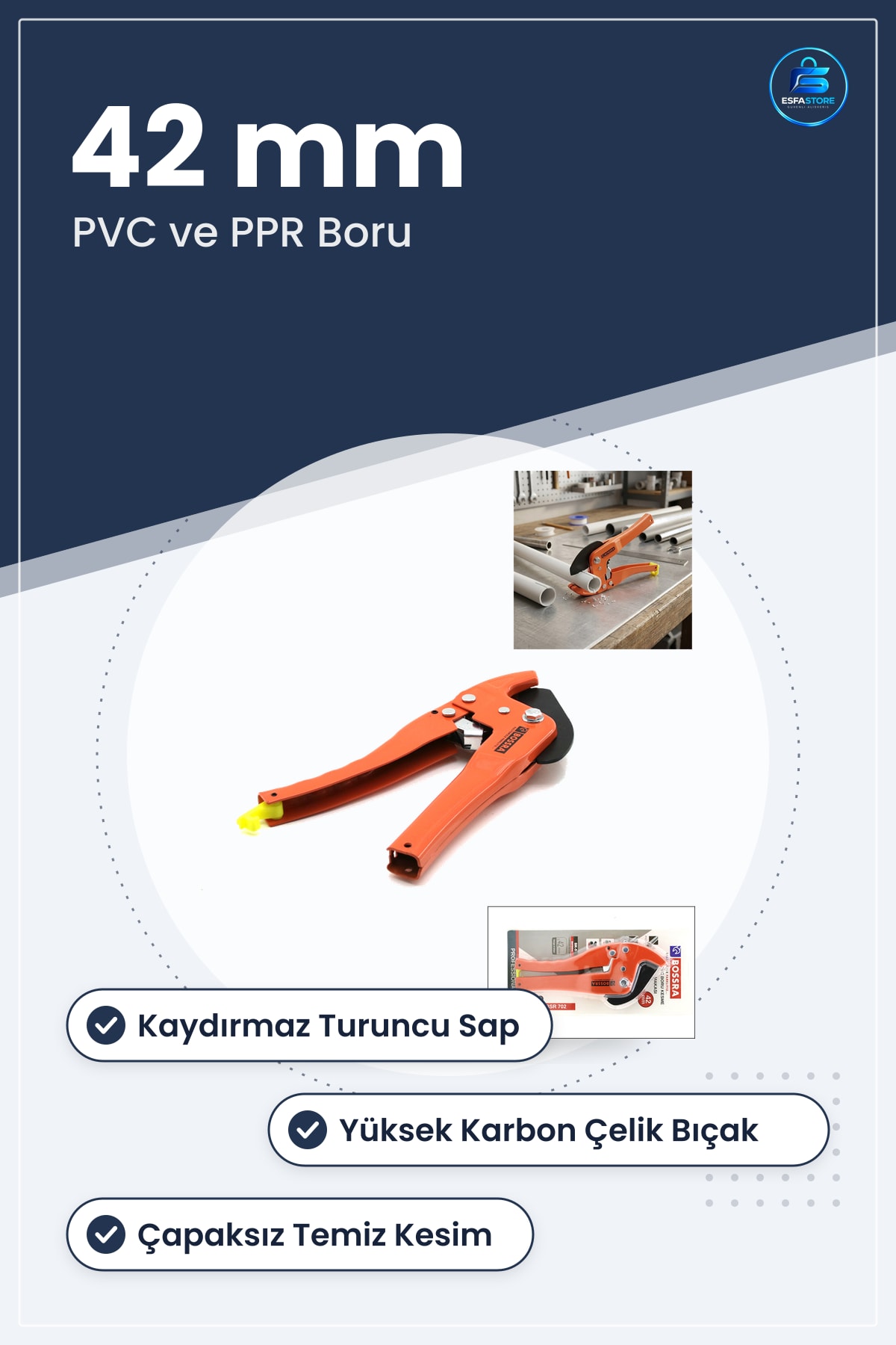 PVC Boru Kesme Makası 42 mm Turuncu Kaydırmaz Saplı PPR Plastik Kesici Tesisat Hırdavat