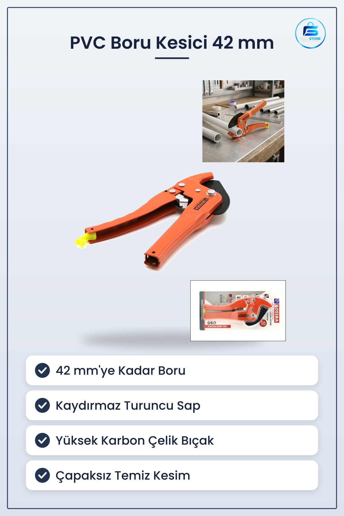 PVC Boru Kesme Makası 42 mm Turuncu Kaydırmaz Saplı PPR Plastik Kesici Tesisat Hırdavat