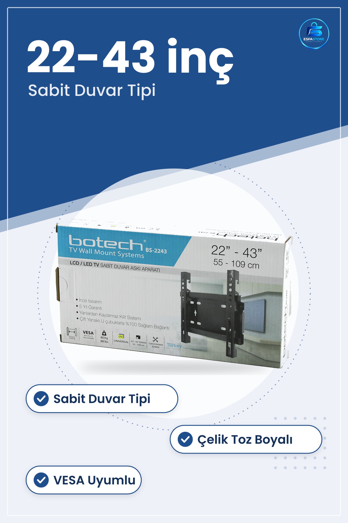 TV Askı Aparatı Sabit Duvar Tipi 43 inç 55x109 cm Çelik Toz Boyalı VESA Uyumlu Montaj Ev Ofis Salon