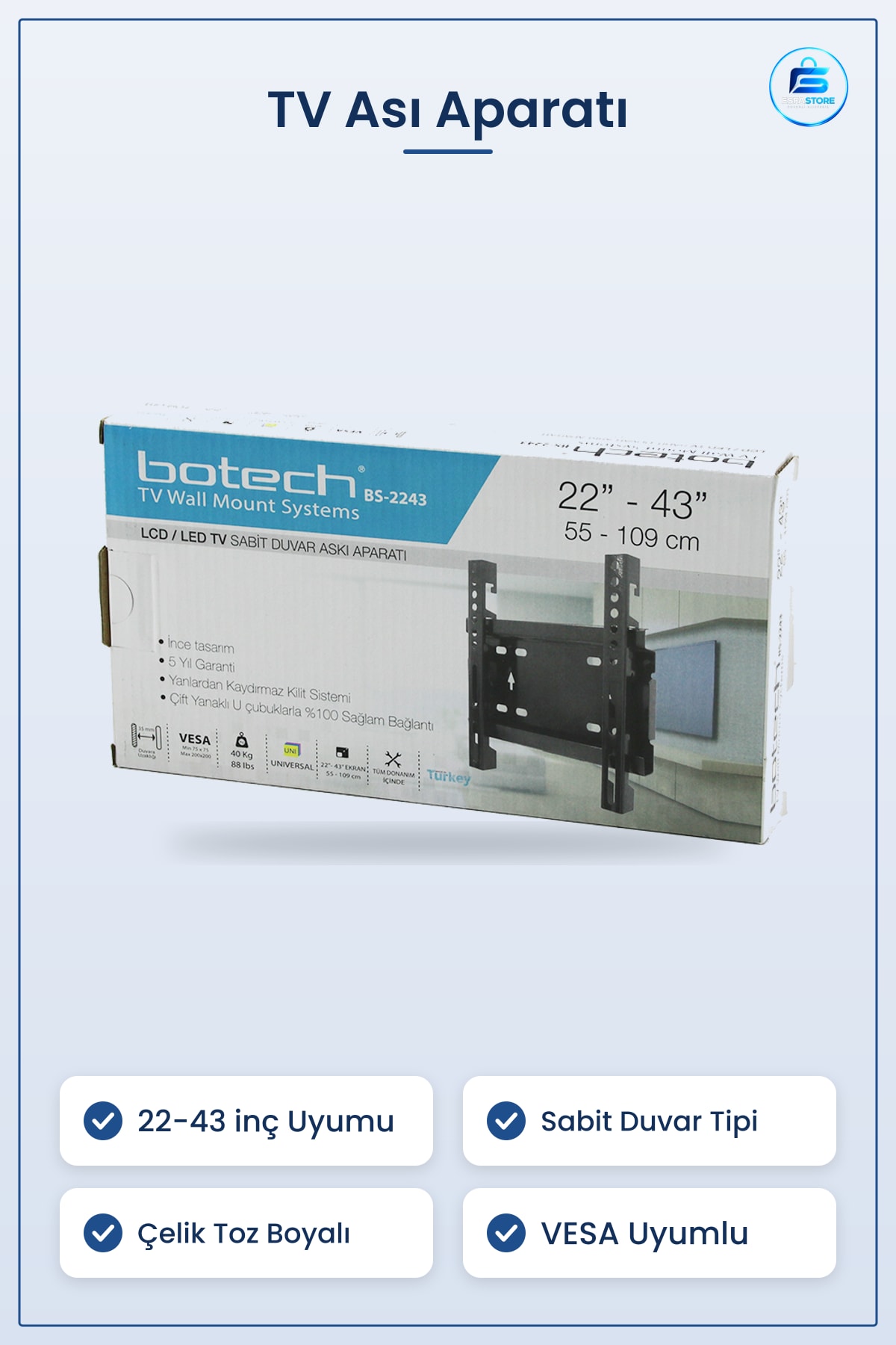 TV Askı Aparatı Sabit Duvar Tipi 43 inç 55x109 cm Çelik Toz Boyalı VESA Uyumlu Montaj Ev Ofis Salon