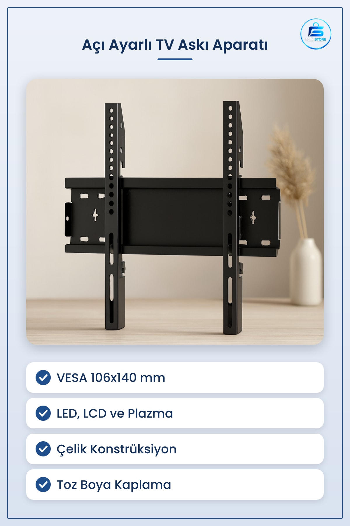 TV Askı Aparatı 106x140 mm Açı Ayarlı Duvar Tipi Çelik Konstrüksiyon LED LCD Plazma Televizyon
