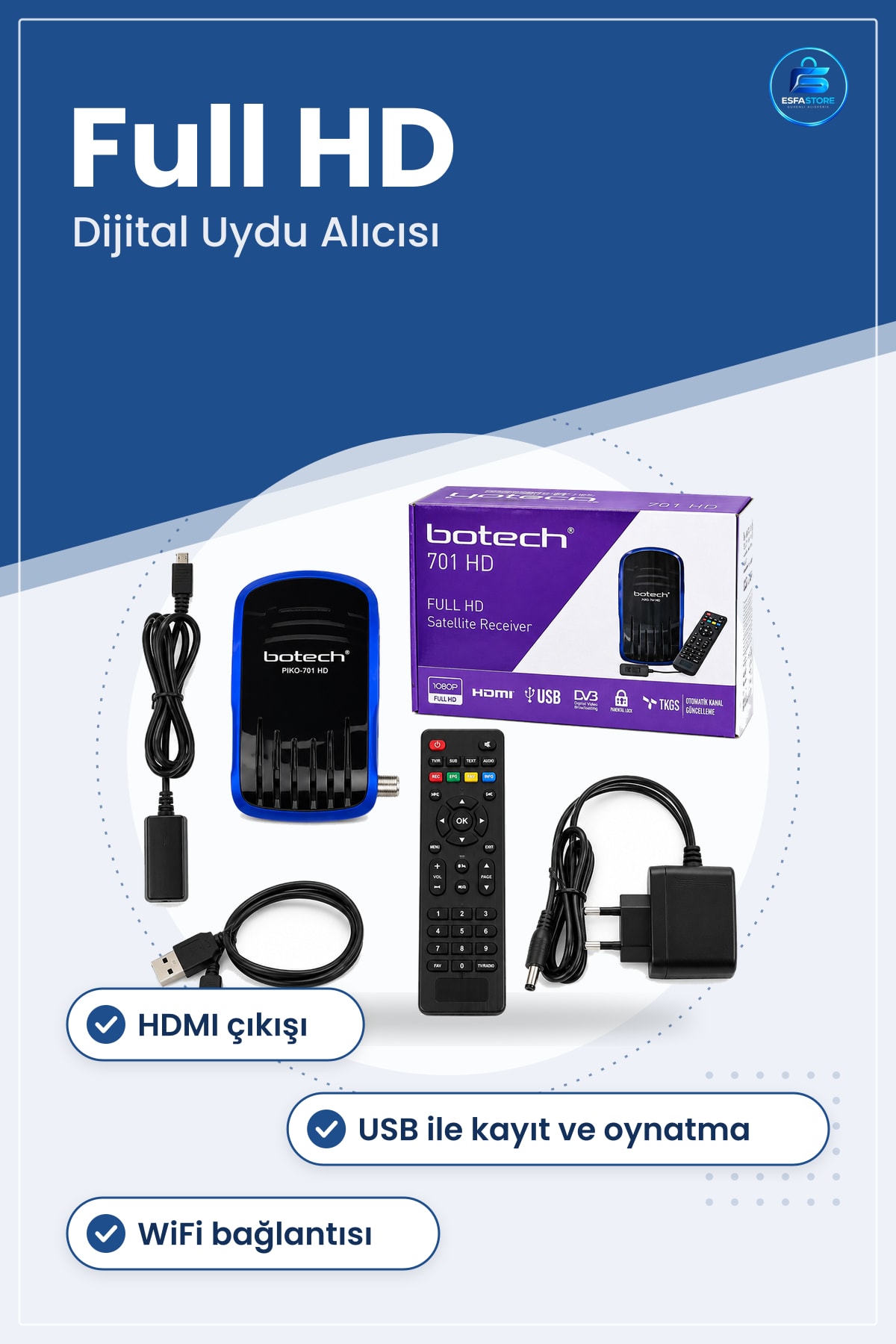 Full HD Dijital Uydu Alıcısı HDMI USB WiFi Ev Ofis TV Kayıt Multimedya Oynatma Set Üstü