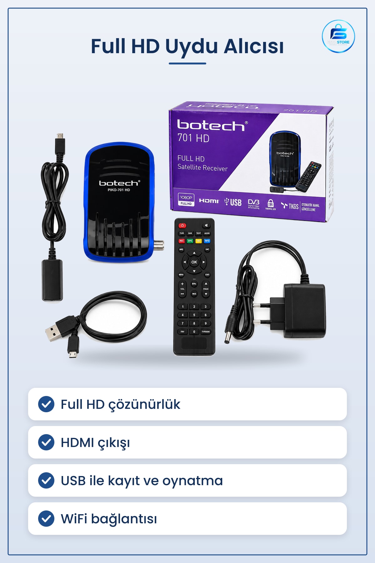 Full HD Dijital Uydu Alıcısı HDMI USB WiFi Ev Ofis TV Kayıt Multimedya Oynatma Set Üstü