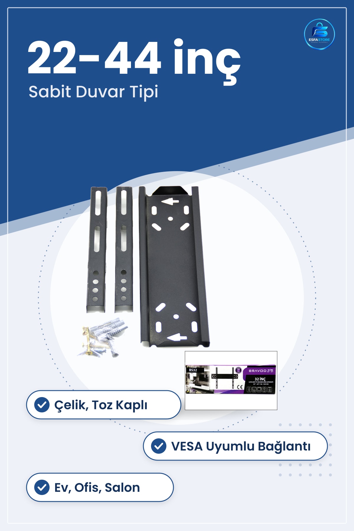 TV Askı Aparatı Sabit Duvar Tipi İnç Çelik Toz Kaplamalı VESA Uyumlu Montaj Seti Ev Ofis Salon