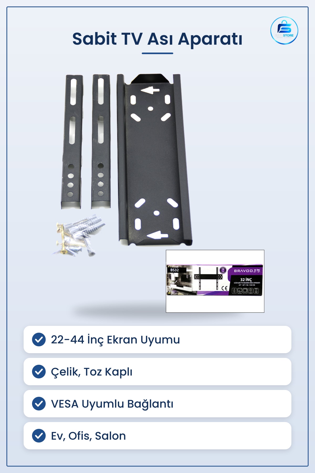 TV Askı Aparatı Sabit Duvar Tipi İnç Çelik Toz Kaplamalı VESA Uyumlu Montaj Seti Ev Ofis Salon