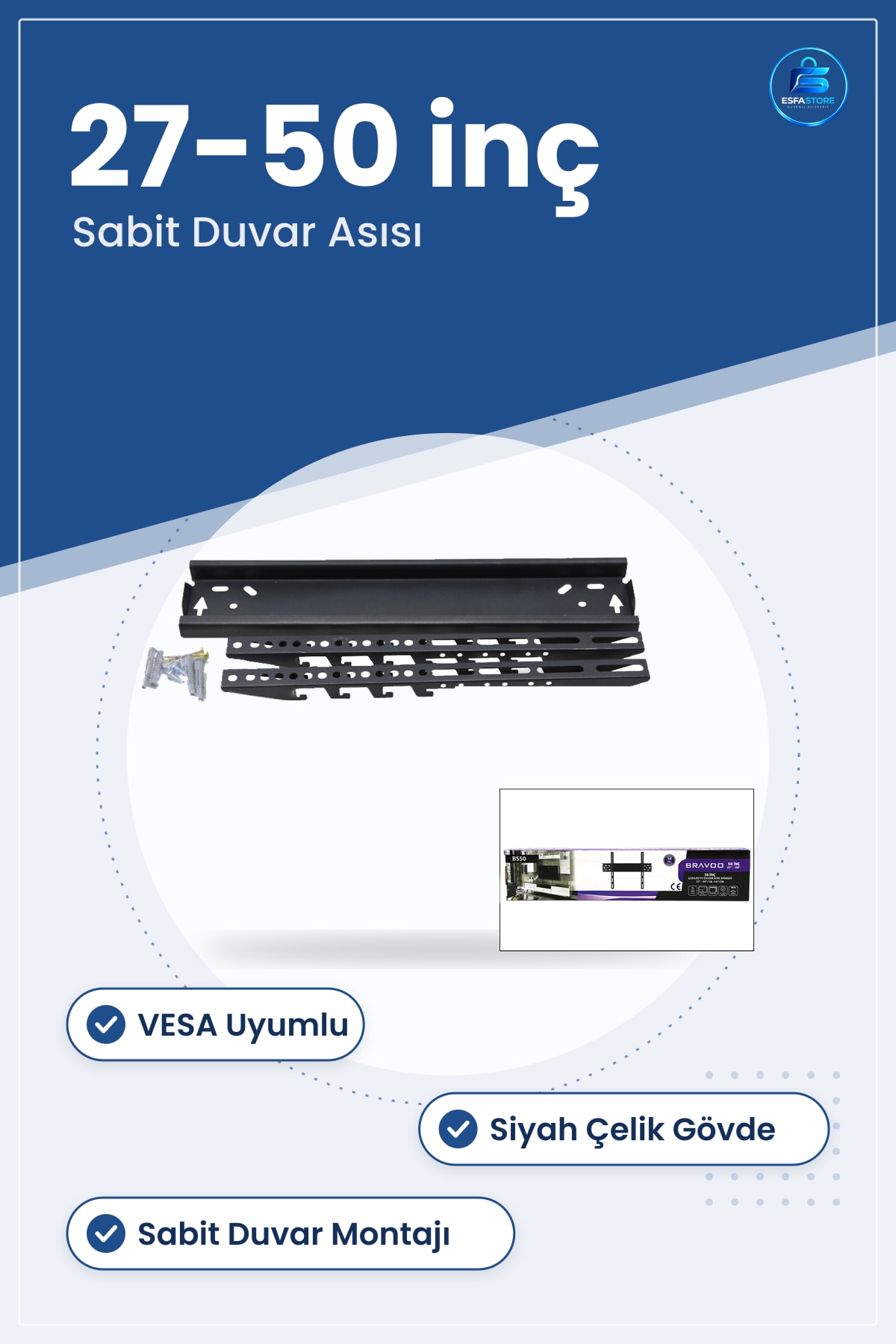 TV Askı Aparatı Sabit ile 50 inç LCD LED 56x127 cm Siyah Çelik Duvar Montaj VESA Uyumlu
