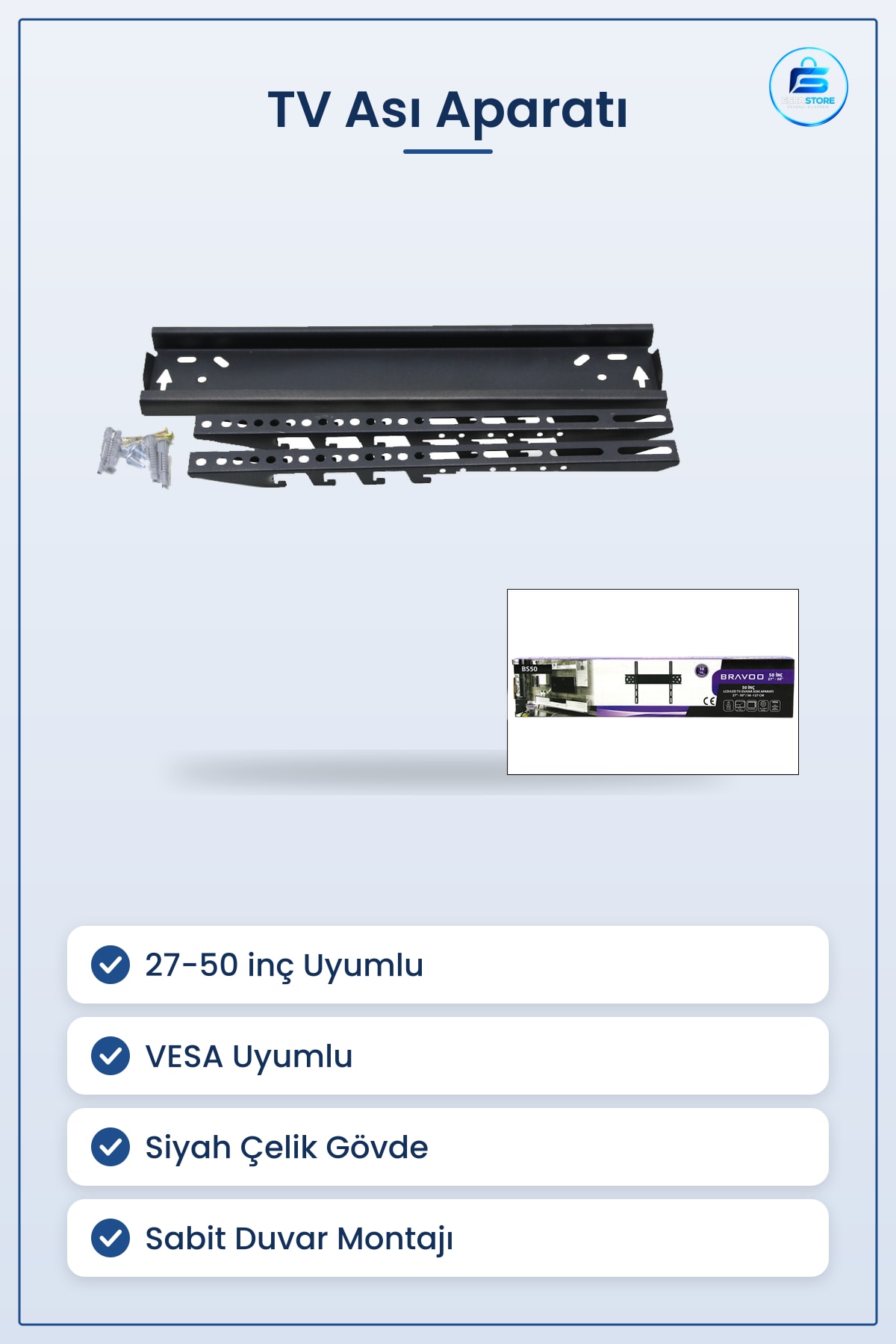 TV Askı Aparatı Sabit ile 50 inç LCD LED 56x127 cm Siyah Çelik Duvar Montaj VESA Uyumlu