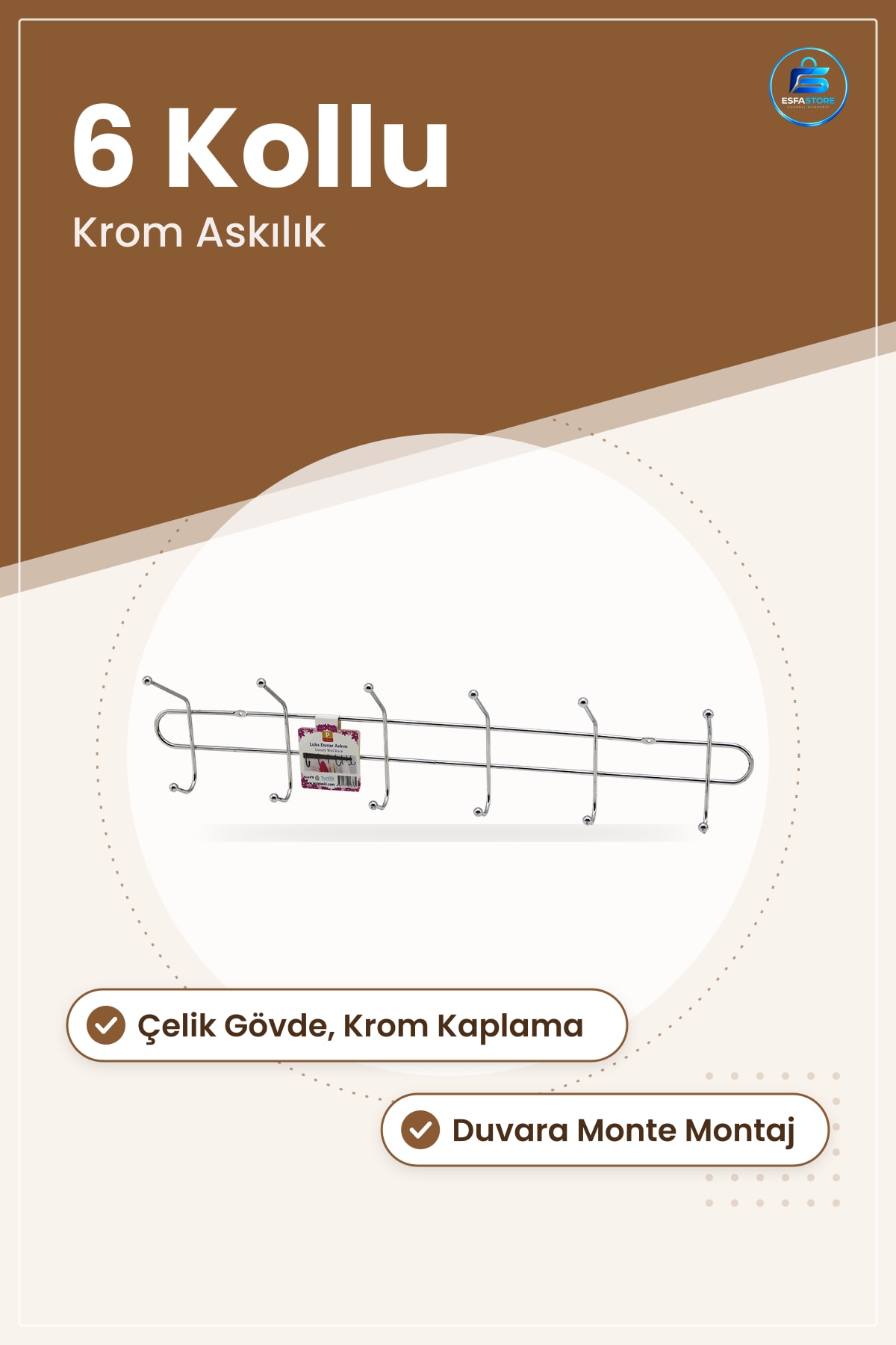 Asklık 6 Kollu Krom Duvar Askısı Çelik Gövde Duvara Monte Antre Hol Ofis Mont Kaban