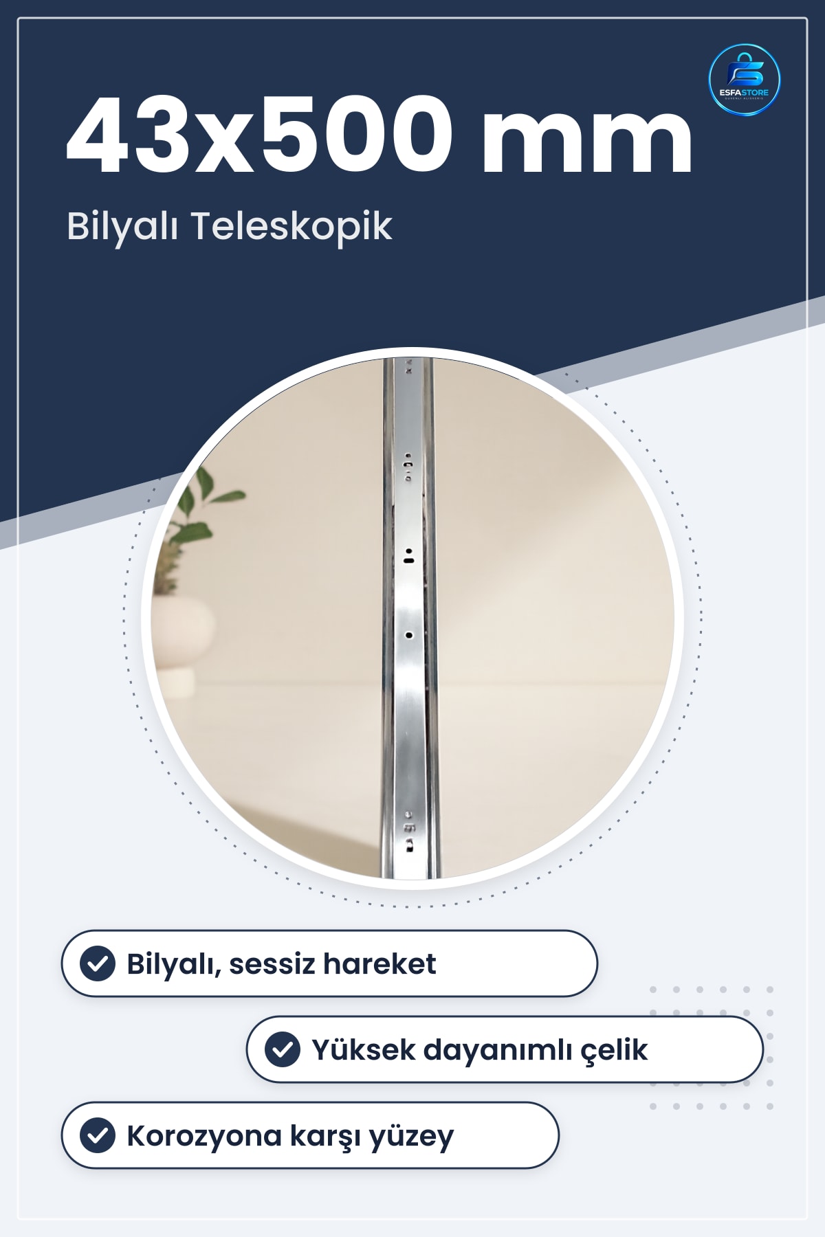 Teleskopik Bilyalı Çekmece Rayı 43x500mm Mobilya Hırdavatı Mutfak Dolabı Sessiz Çelik Ray