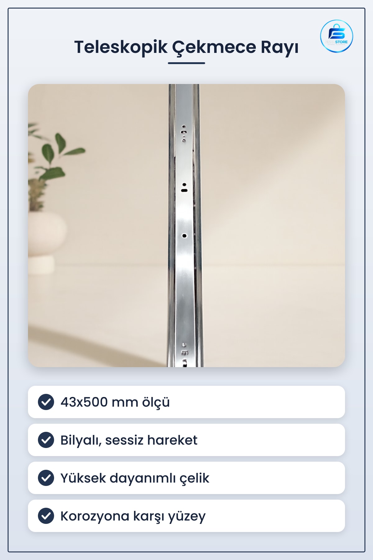 Teleskopik Bilyalı Çekmece Rayı 43x500mm Mobilya Hırdavatı Mutfak Dolabı Sessiz Çelik Ray
