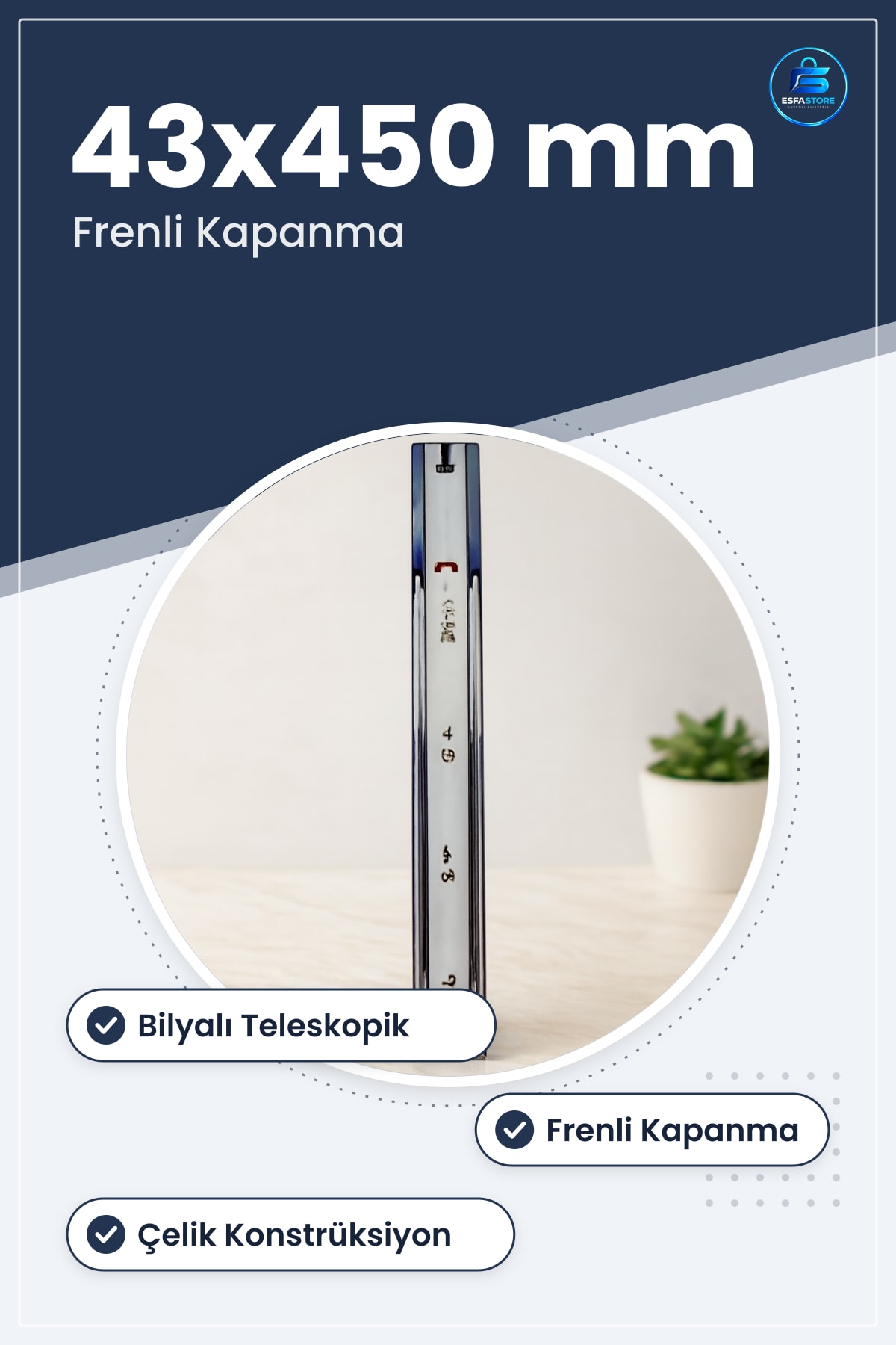 Çekmece Rayı Frenli Teleskopik Bilyalı 43x450 mm Çelik Mobilya Mutfak Yatak Odası Ofis Atölye