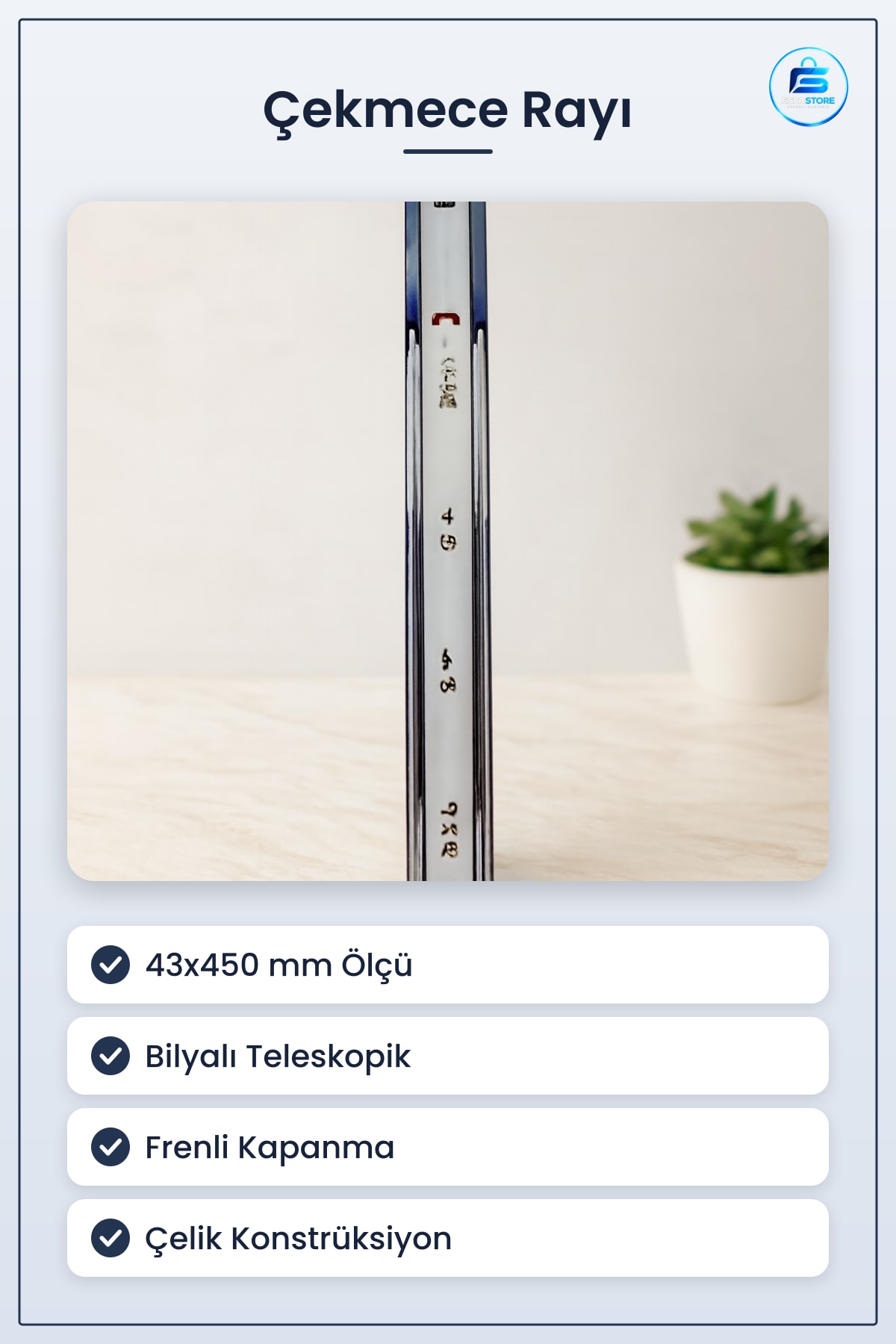 Çekmece Rayı Frenli Teleskopik Bilyalı 43x450 mm Çelik Mobilya Mutfak Yatak Odası Ofis Atölye
