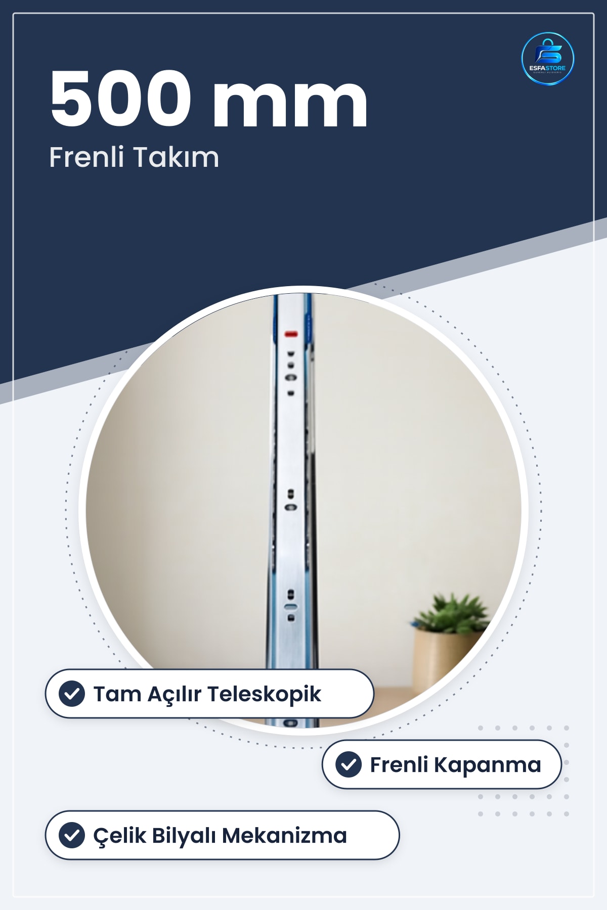 Teleskopik Bilyalı Çekmece Rayı 43x500 mm Frenli Takım Çelik Mobilya Hardırdatı Mutfak Ofis