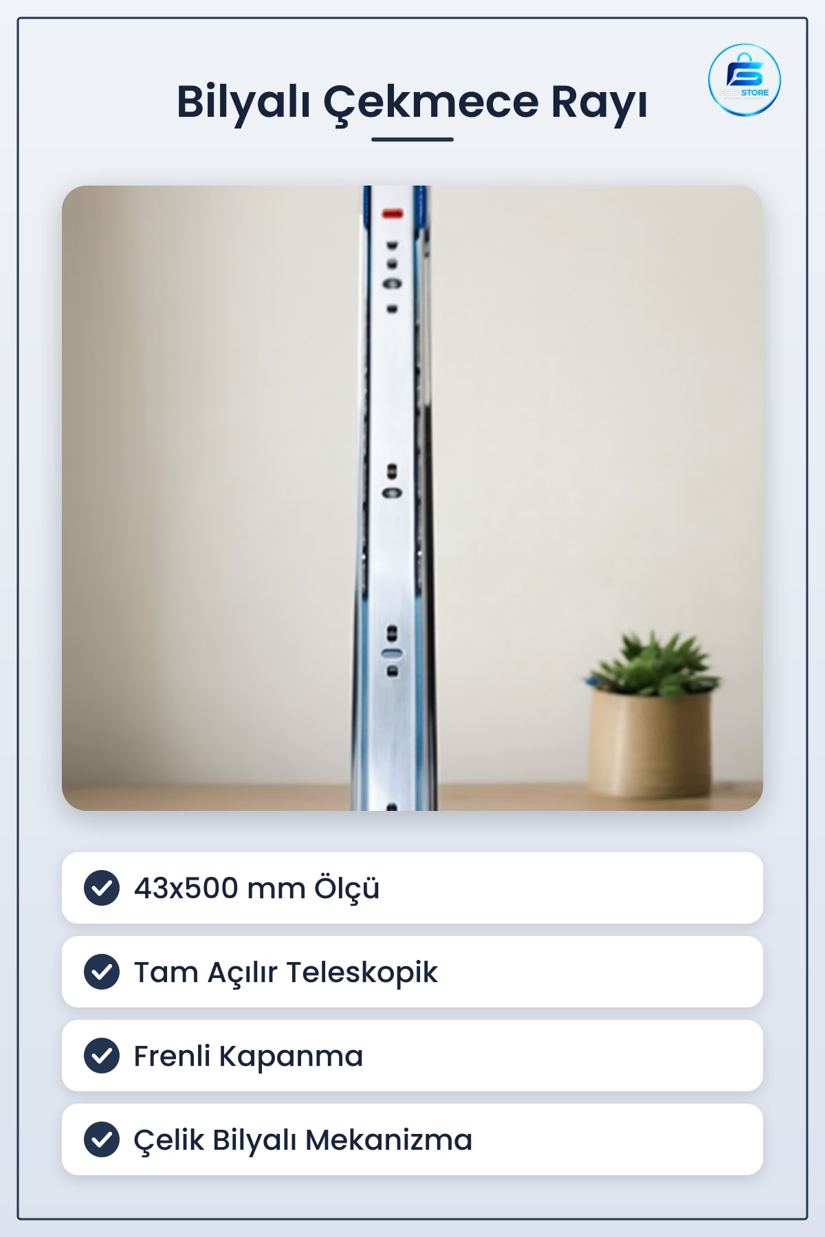 Teleskopik Bilyalı Çekmece Rayı 43x500 mm Frenli Takım Çelik Mobilya Hardırdatı Mutfak Ofis