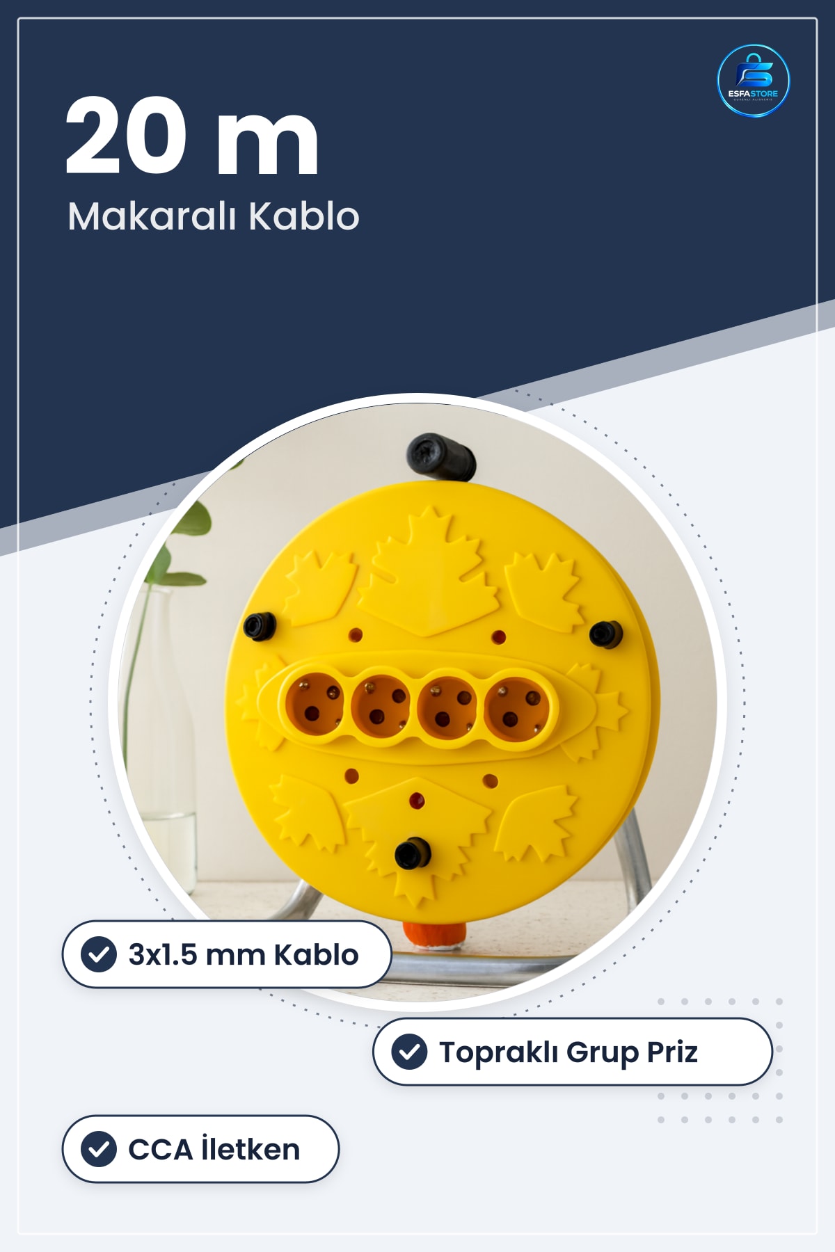 Makaralı Uzatma Kablosu 3x1.5mm 20m CCA Grup Priz Topraklı Atölye Ev Kullanımı Taşınabilir