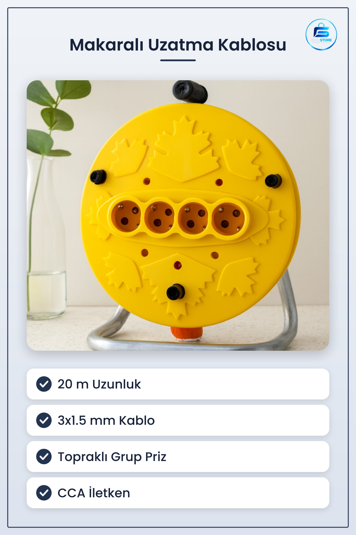 Makaralı Uzatma Kablosu 3x1.5mm 20m CCA Grup Priz Topraklı Atölye Ev Kullanımı Taşınabilir
