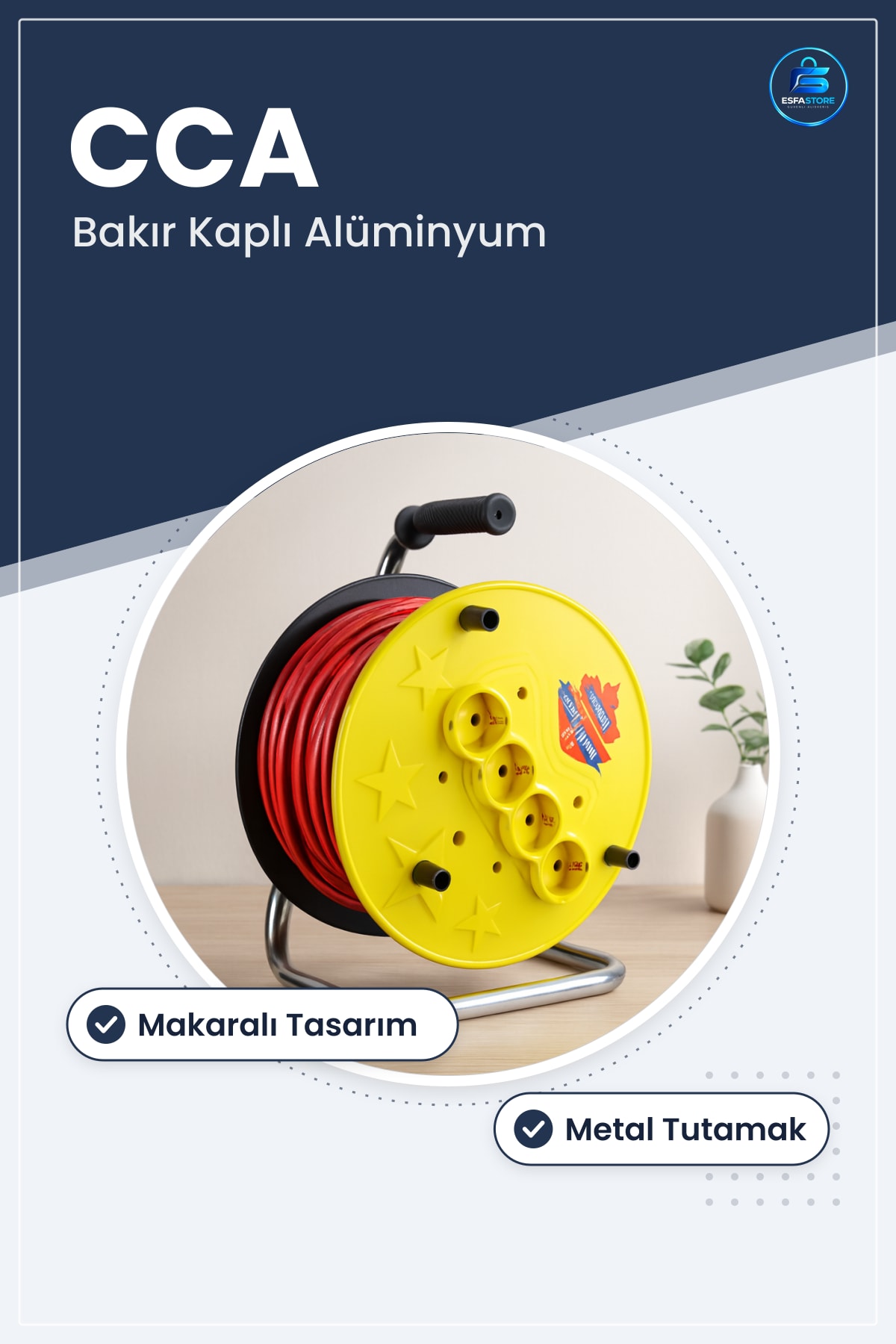 Makaralı Uzatma Kablosu CCA Kaynak Makinesi Atölye Sahada Kullanım Sarı Kasalı Metal Tutamak