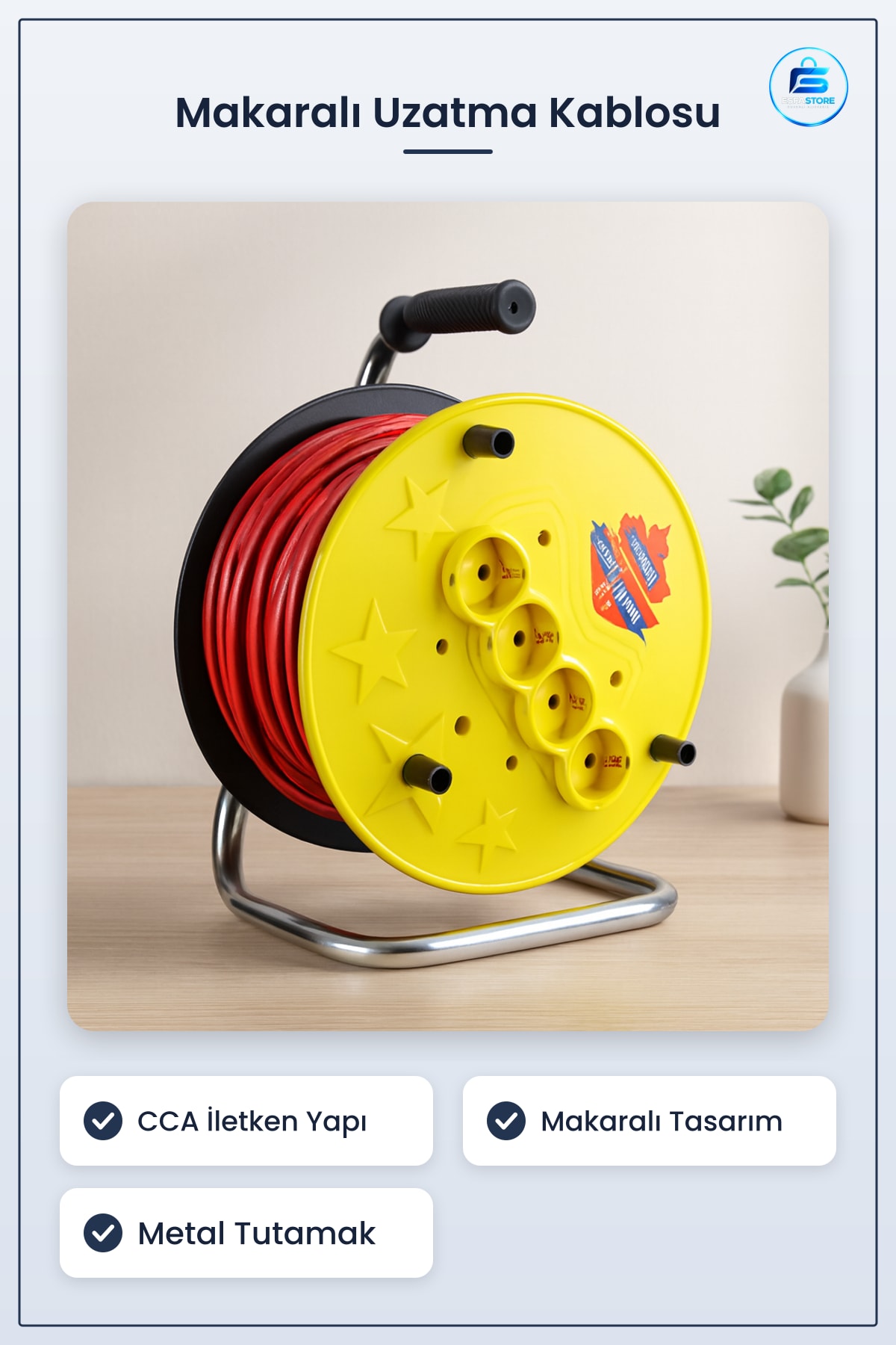 Makaralı Uzatma Kablosu CCA Kaynak Makinesi Atölye Sahada Kullanım Sarı Kasalı Metal Tutamak