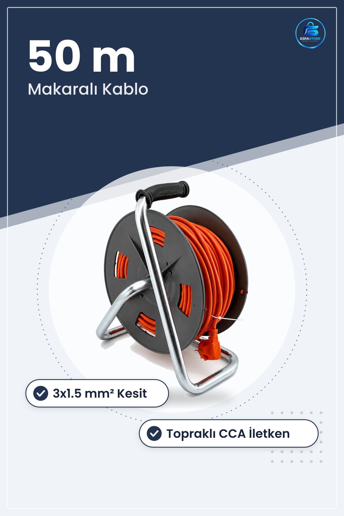 Makaralı Uzatma Kablosu ² 50 m CCA Topraklı Atölye Ev Kullanımı Taşınabilir Kullanışlı