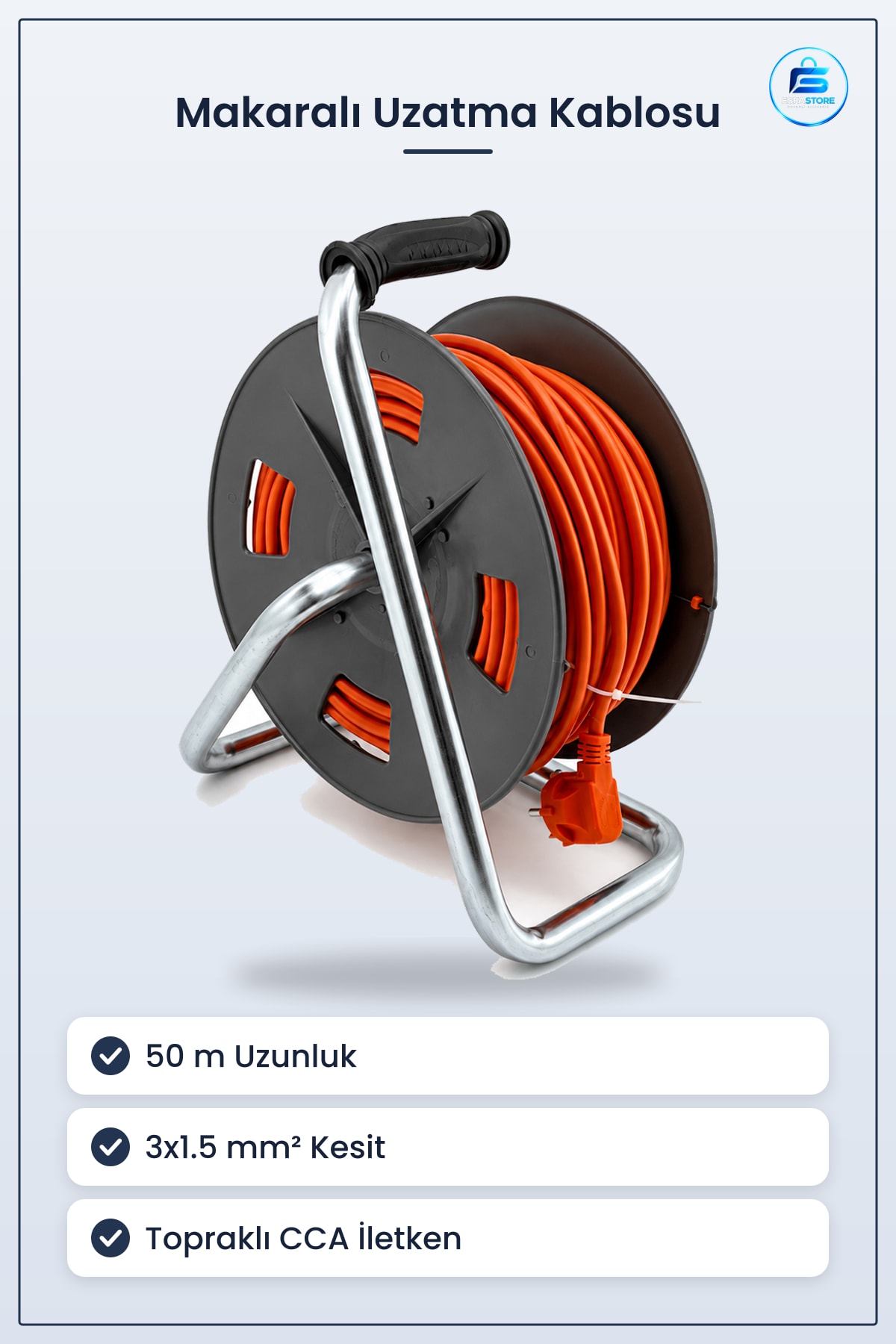 Makaralı Uzatma Kablosu ² 50 m CCA Topraklı Atölye Ev Kullanımı Taşınabilir Kullanışlı