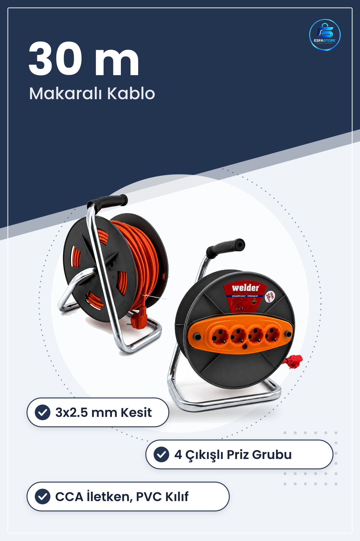 Makaralı Grup Priz Uzatma Kablosu 3x2.5 mm 30 m CCA İletken PVC Kılıf Atölye Kullanımı