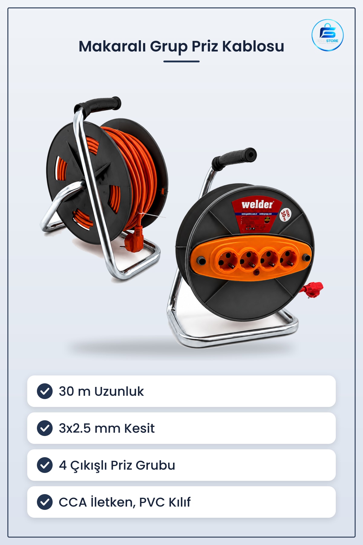 Makaralı Grup Priz Uzatma Kablosu 3x2.5 mm 30 m CCA İletken PVC Kılıf Atölye Kullanımı