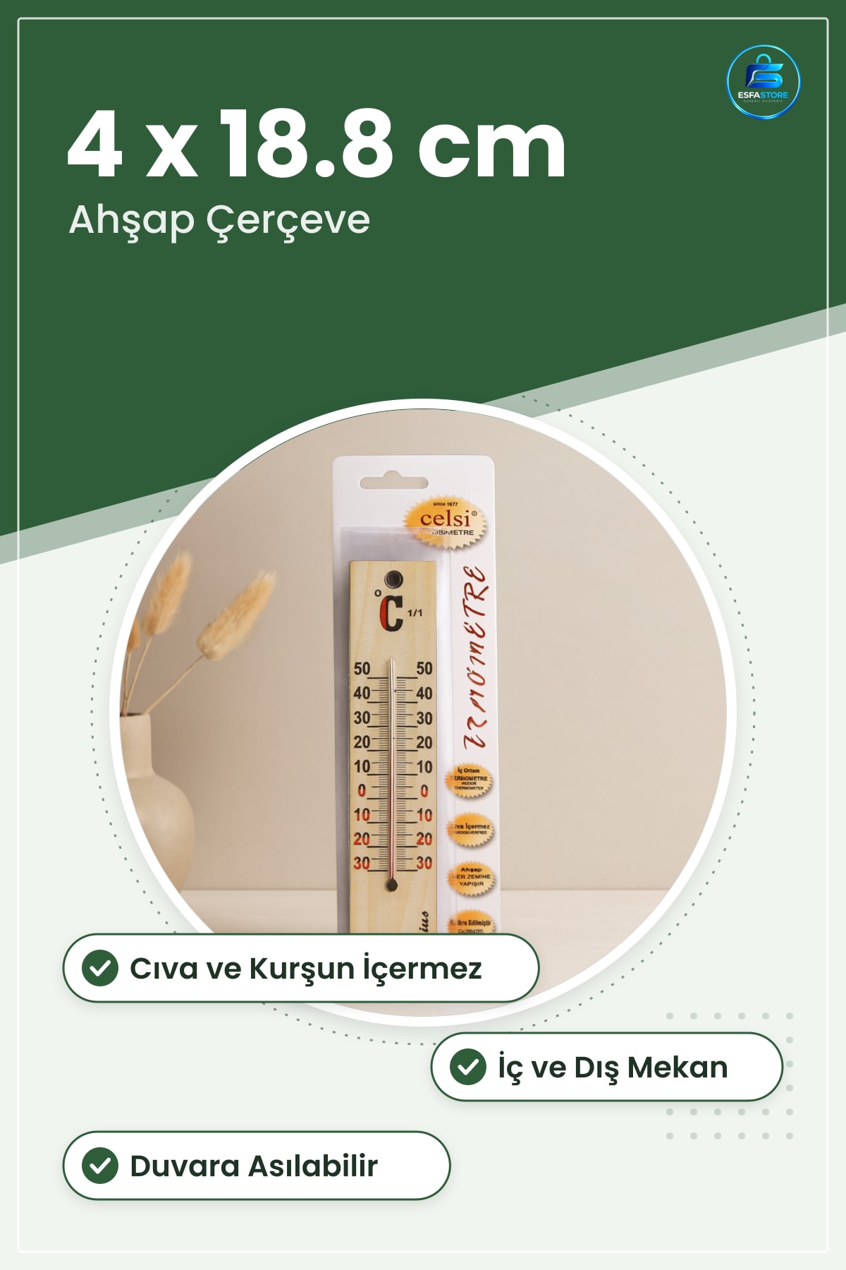 Ahşap Oda Termometresi 4 x 18.8 cm İç Dış Mekan Cıva ve Kurşun İçermez Sıcaklık Ölçer