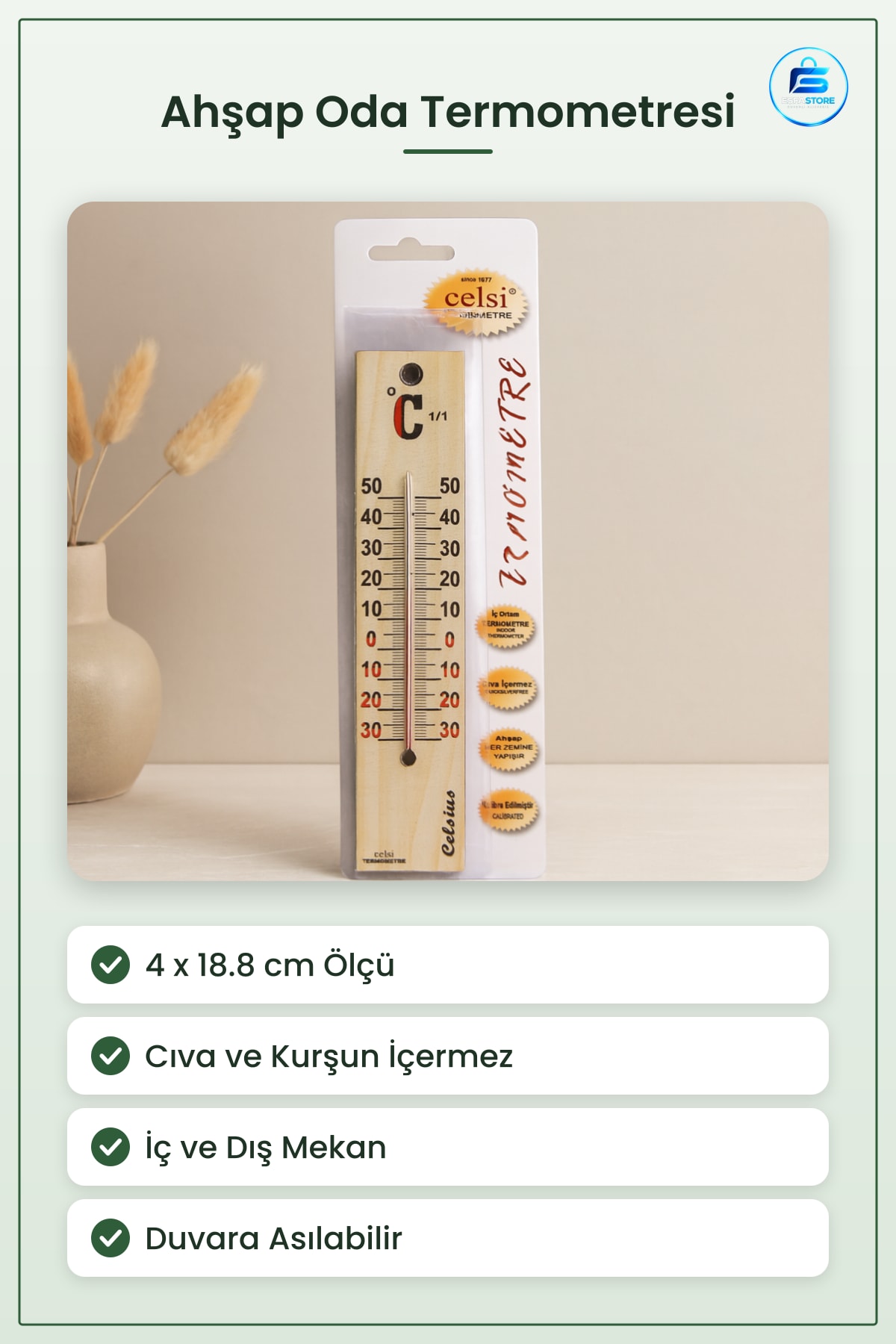 Ahşap Oda Termometresi 4 x 18.8 cm İç Dış Mekan Cıva ve Kurşun İçermez Sıcaklık Ölçer