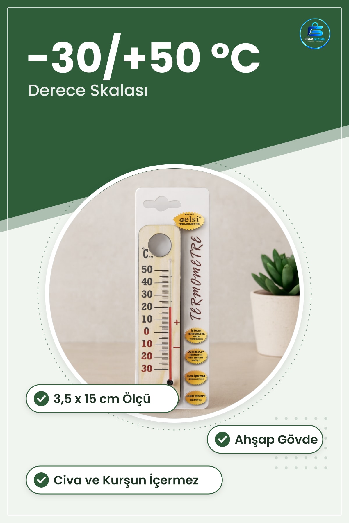 Ahşap Oda Termometresi 3,5 x 15 cm Kurşun Civa İçermez Duvar Masaüstü İç Mekan Sıcaklık Ölçer