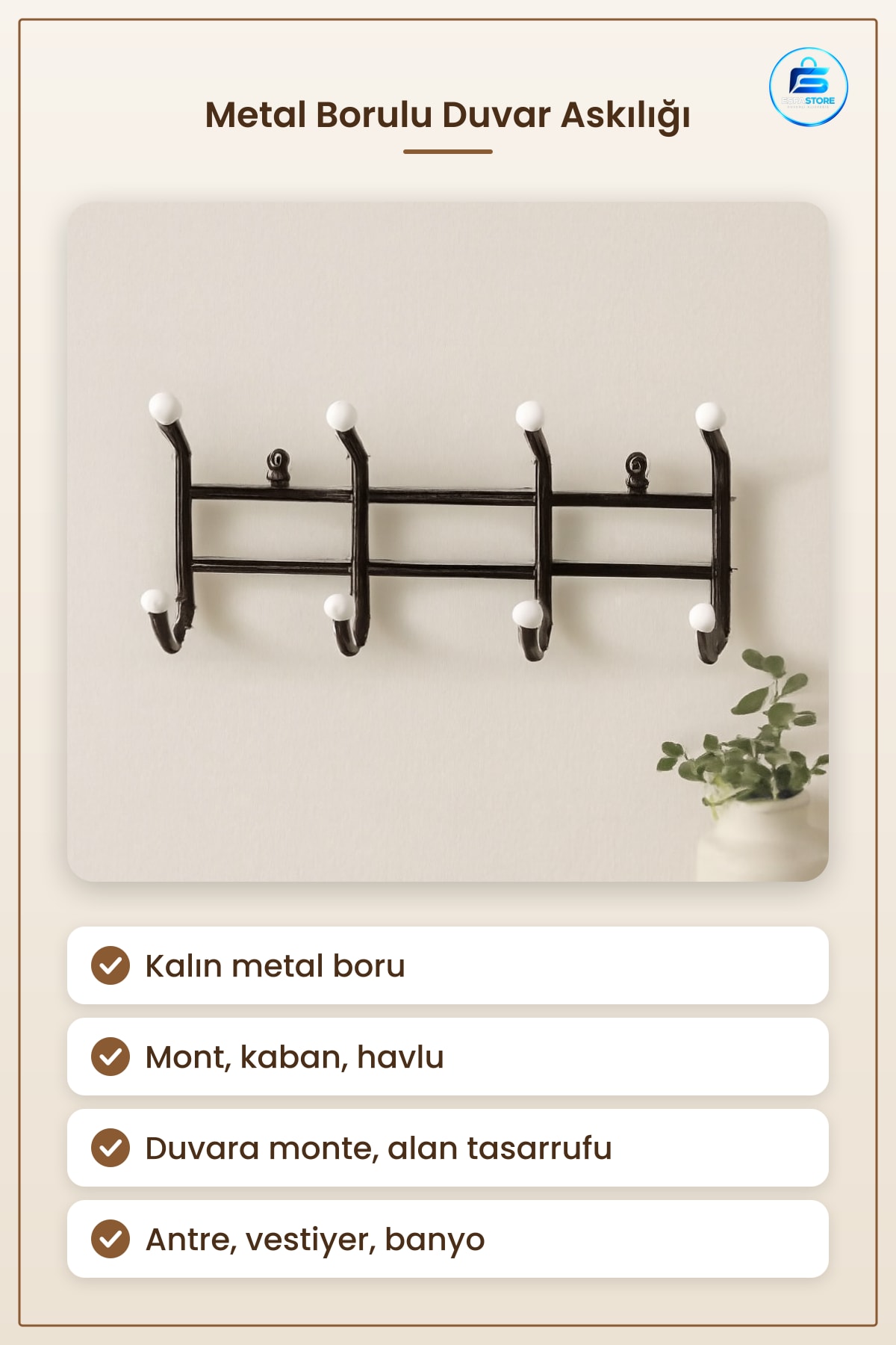 Duvar Asısı Kıllı Metal Borulu Antre Vestiyer Asılık Mont Kaban Havlu Çanta Düzenleyici