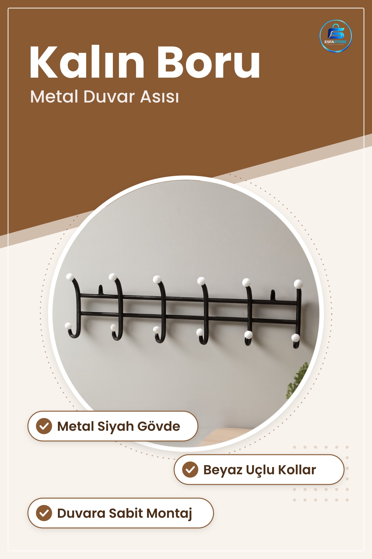 Duvar Askısı Kalın Borulu Metal Siyah Beyaz Antre Hol Giysi Kaban Çanta Aksesuar Askılığı