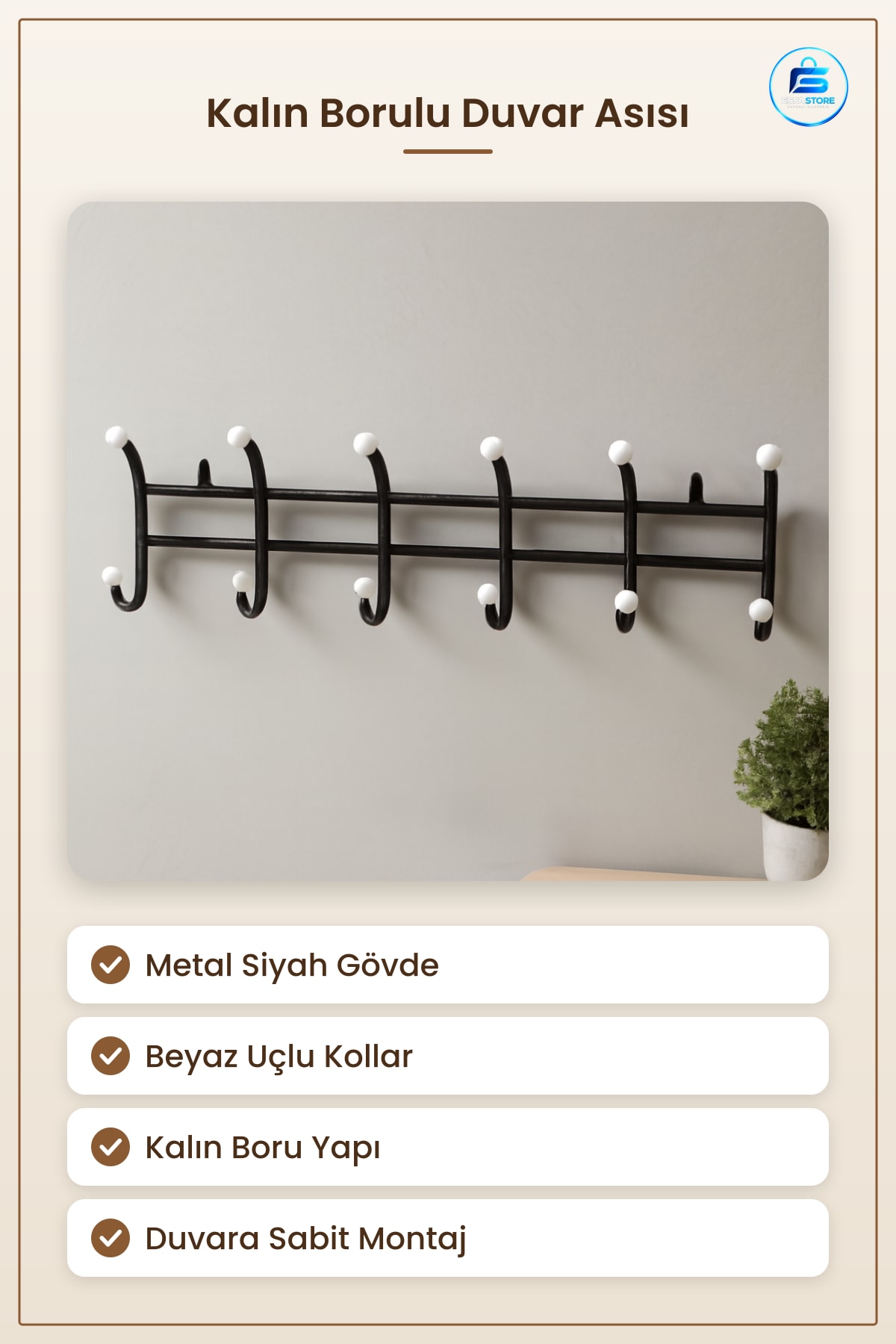 Duvar Askısı Kalın Borulu Metal Siyah Beyaz Antre Hol Giysi Kaban Çanta Aksesuar Askılığı