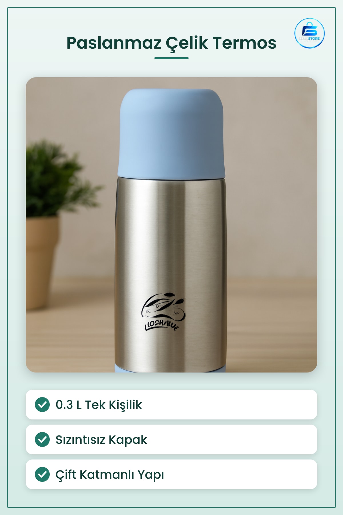 Termos 0.3L Paslanmaz Çelik Sızıntısız Kapaklı Tek Kişilik Ofis Okul Kamp Spor Seyahat