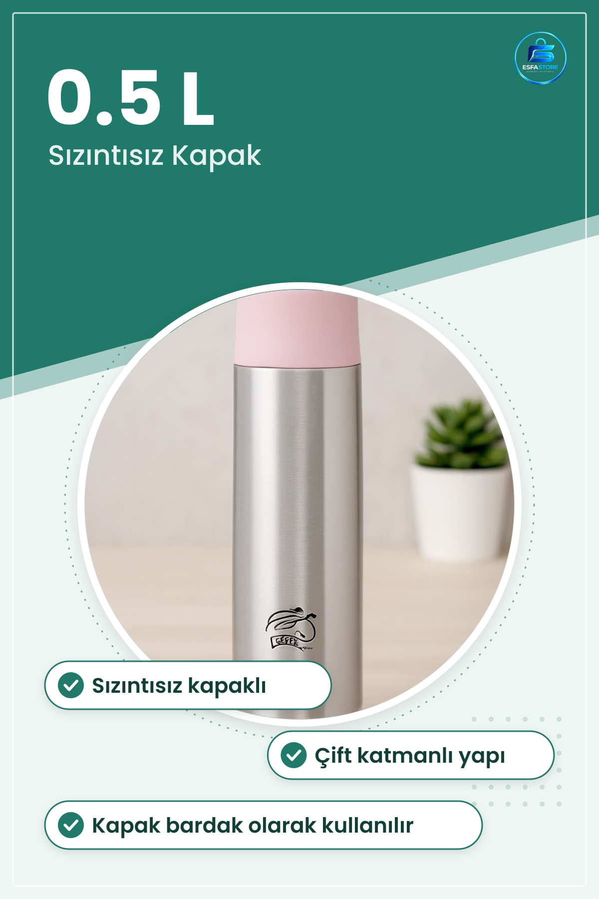 Termos 0.5 L Paslanmaz Çelik Sızıntısız Kapaklı Bardak Seyahat Ofis Okul Spor Kamp Ev