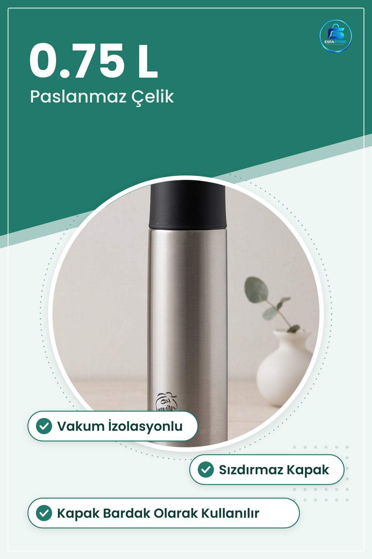 Termos 0.75 L Paslanmaz Çelik Sızdırmaz Kapaklı Bardaklı Seyahat Ofis Araç Kamp Sıcak