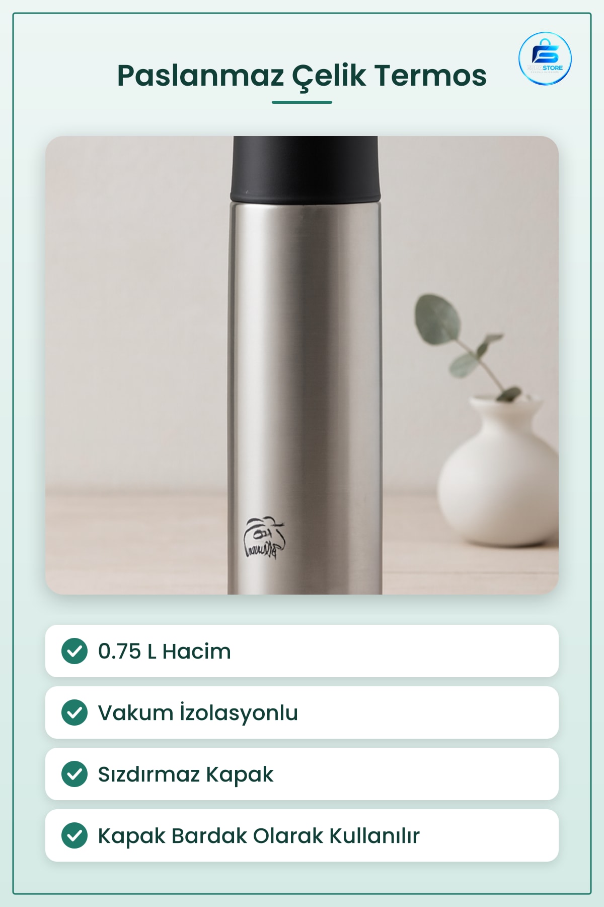 Termos 0.75 L Paslanmaz Çelik Sızdırmaz Kapaklı Bardaklı Seyahat Ofis Araç Kamp Sıcak