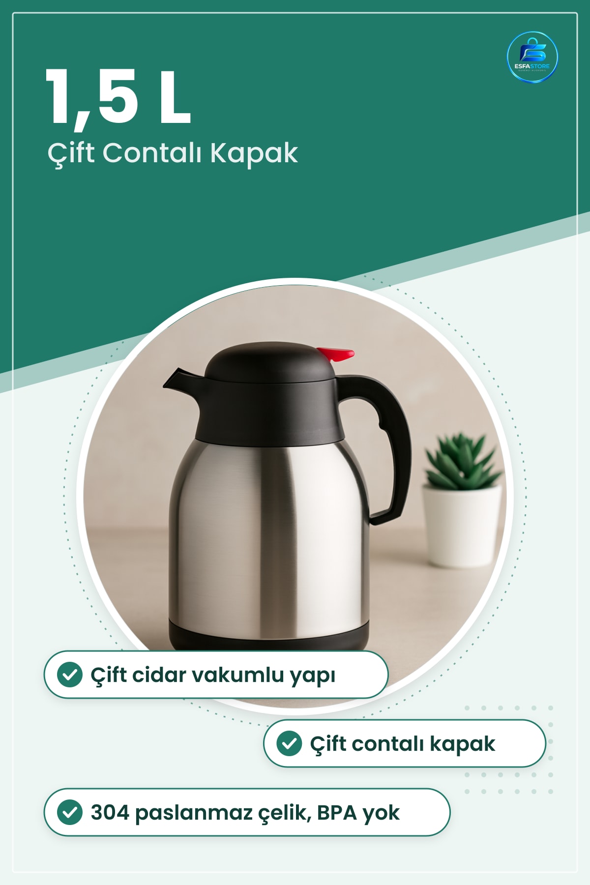 Termos 1.5L Paslanmaz Çelik Çift Contalı Vakumlu Kamp Piknik Seyahat Ofis Kullanım