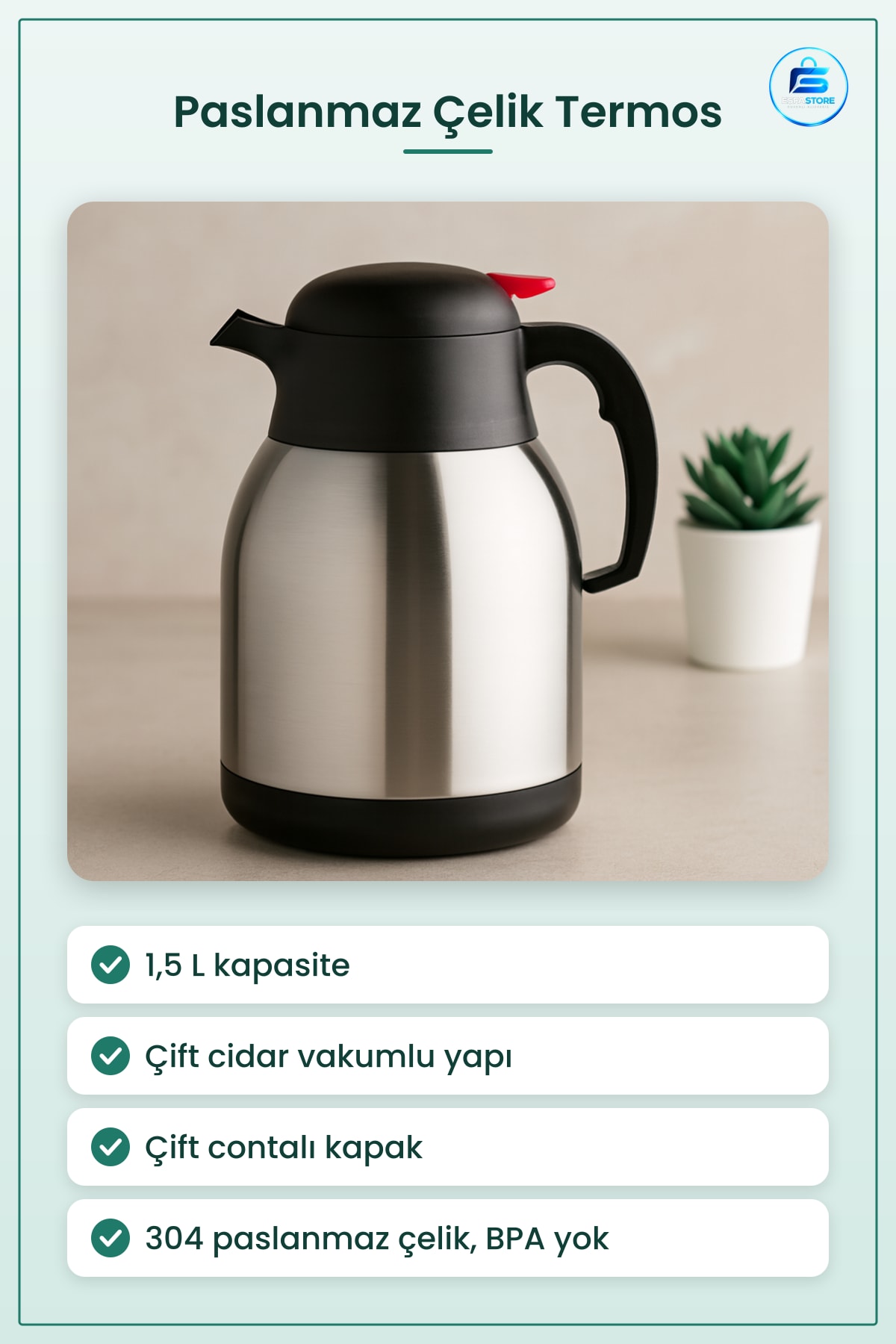 Termos 1.5L Paslanmaz Çelik Çift Contalı Vakumlu Kamp Piknik Seyahat Ofis Kullanım
