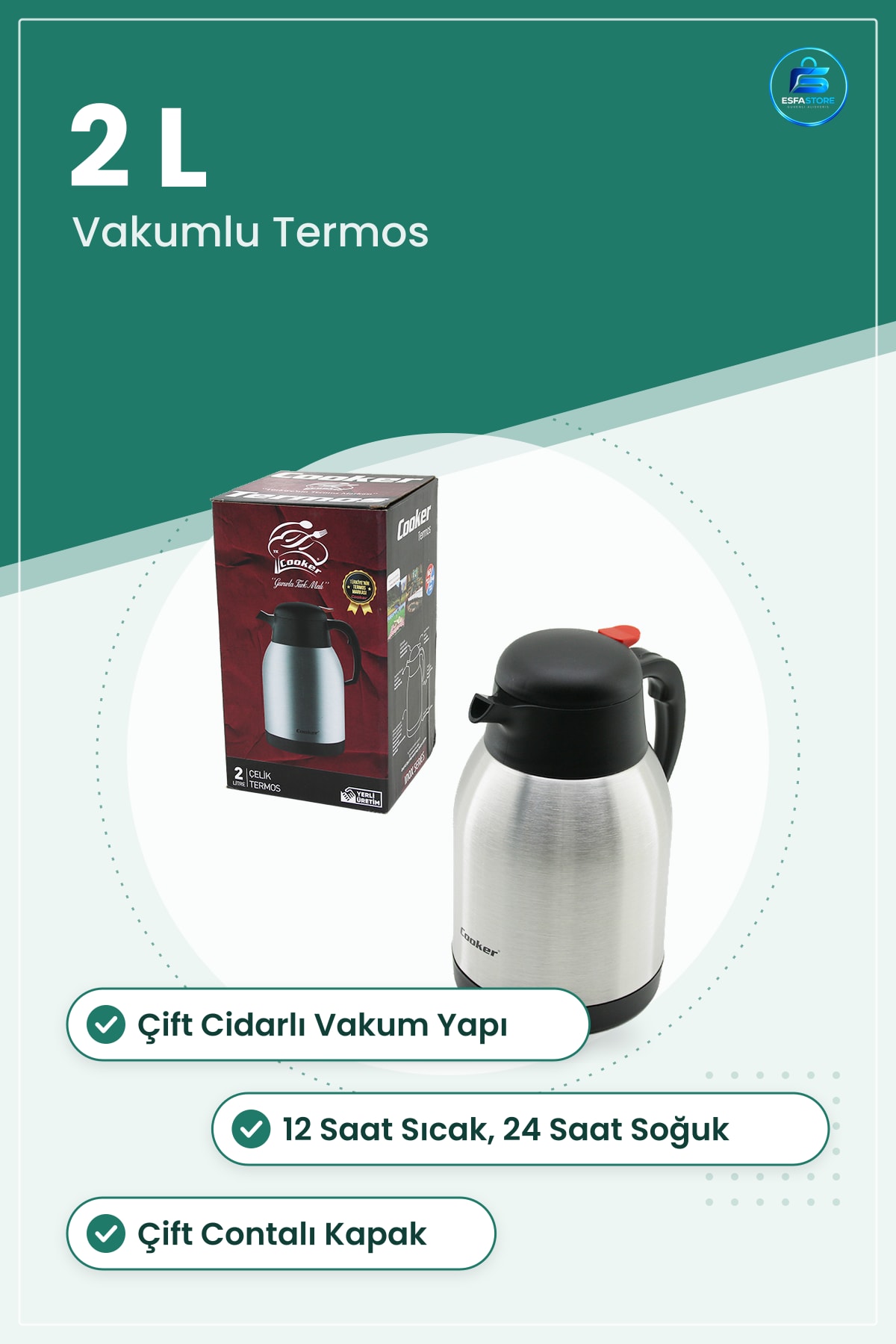 Termos 2 L Paslanmaz Çelik Çift Cidarlı Vakumlu Kamp Piknik Ofis Ev Seyahat Kullanımı