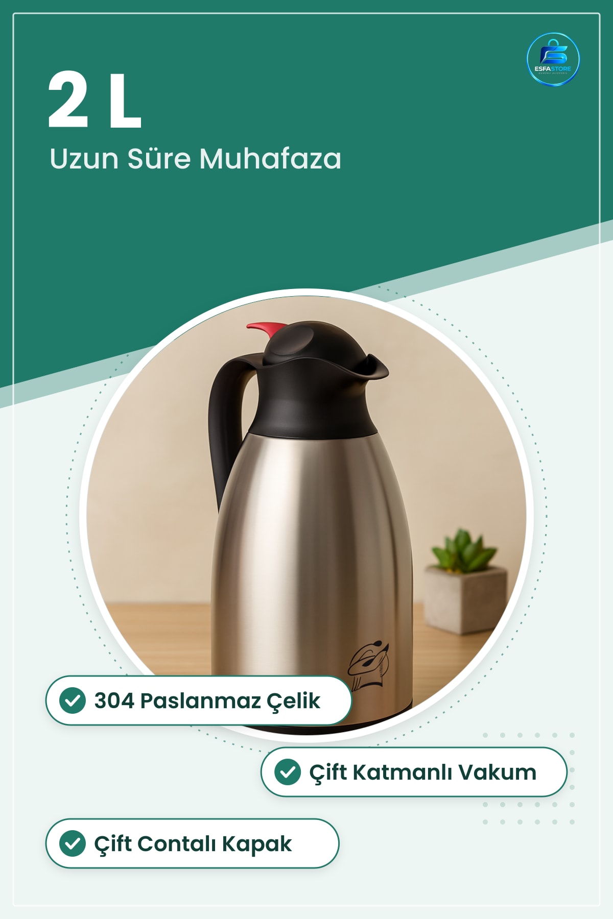 Termos 2 L Paslanmaz Çelik Uzun Yalıtımlı Sıcak Soğuk Muhafaza Kamp Seyahat Ofis Piknik Kapaklı